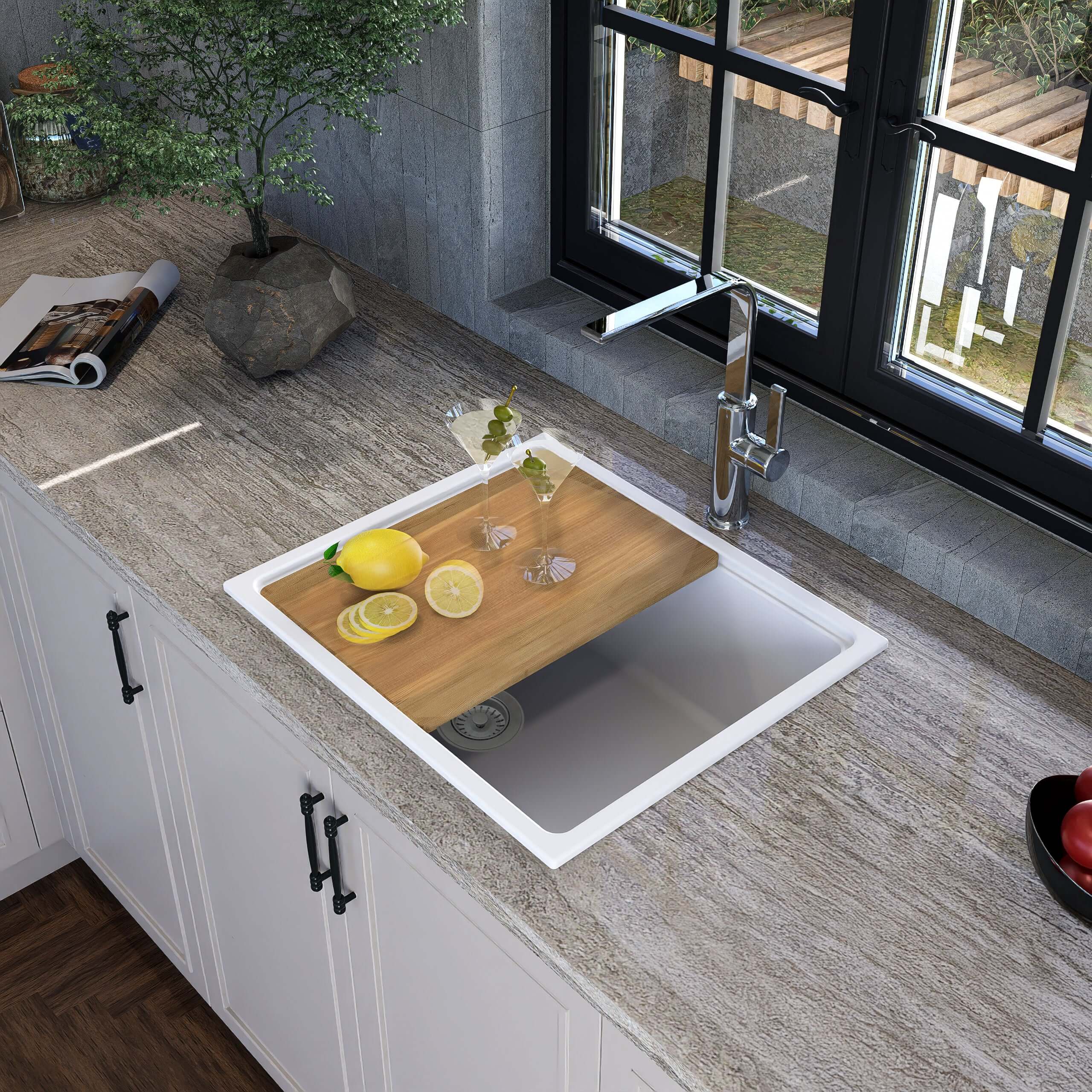 Nantucket Sinks Rockport 22" Dual Mount Granite Composite Workstation Kitchen Sink with Accessories, White, PR2219PS-W