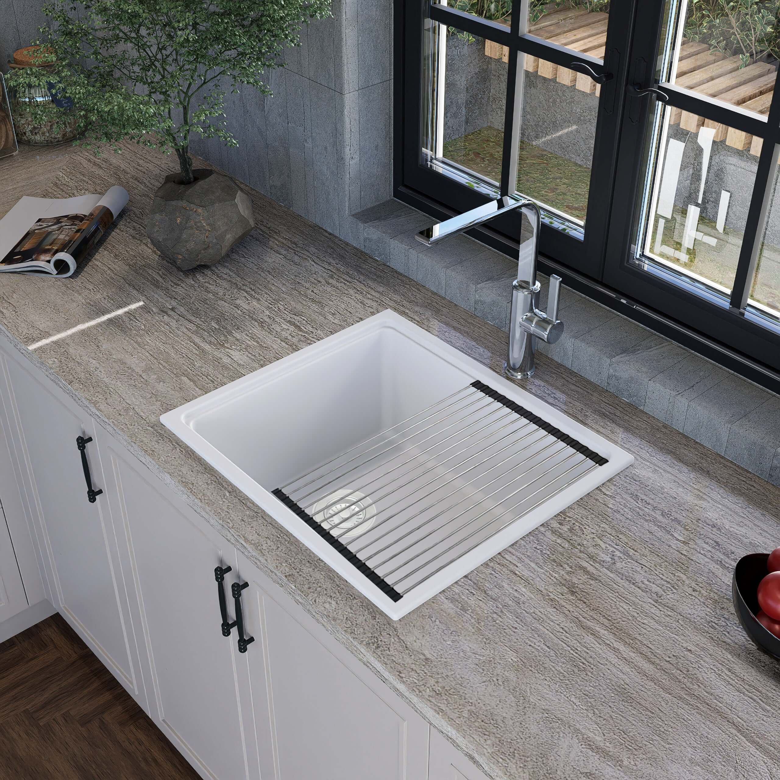 Nantucket Sinks Rockport 22" Dual Mount Granite Composite Workstation Kitchen Sink with Accessories, White, PR2219PS-W