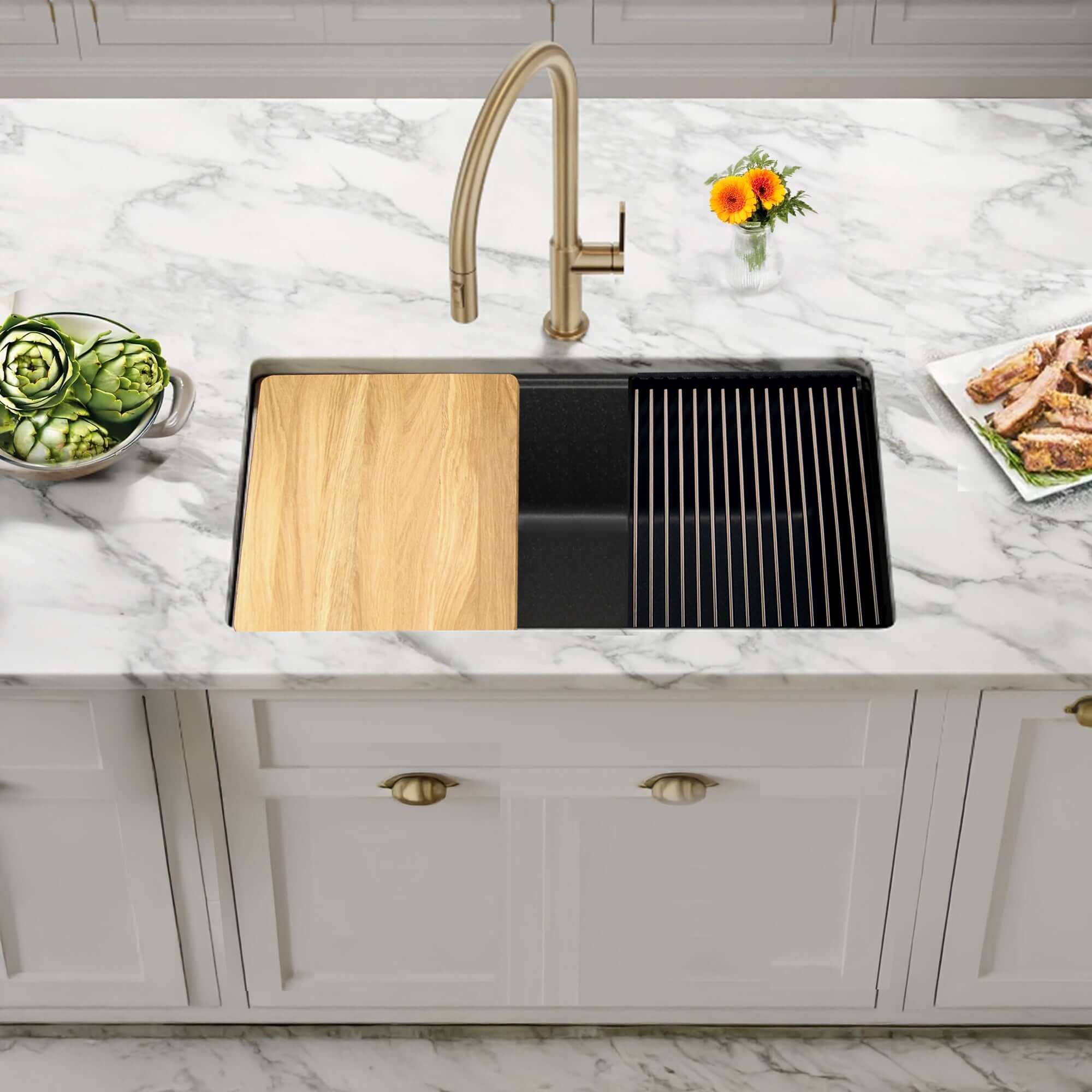 Nantucket sinks rockport 30 dual mount granite composite workstation kitchen sink with accessories black lifestyle image