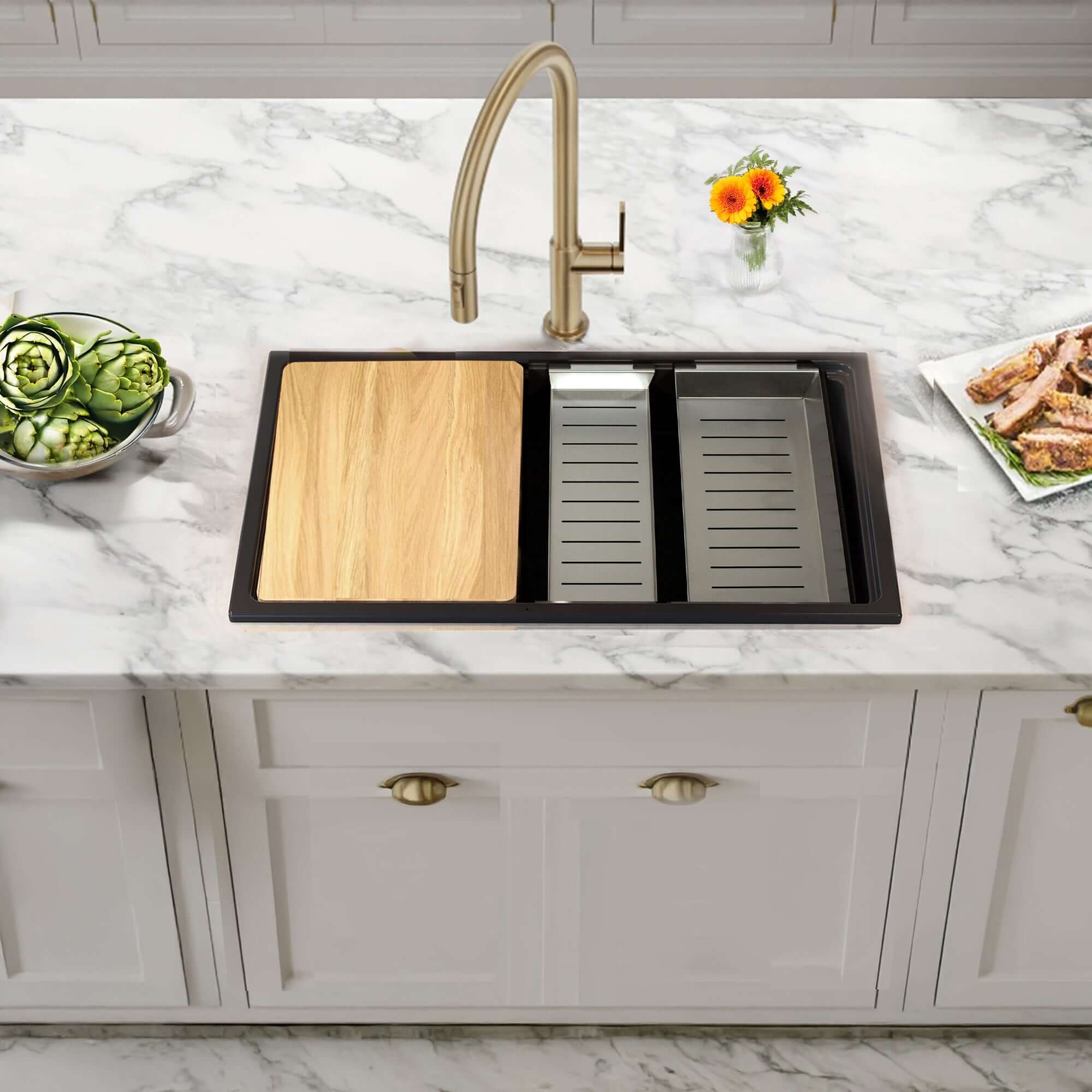 Nantucket sinks rockport 30 dual mount granite composite workstation kitchen sink with accessories black lifestyle image