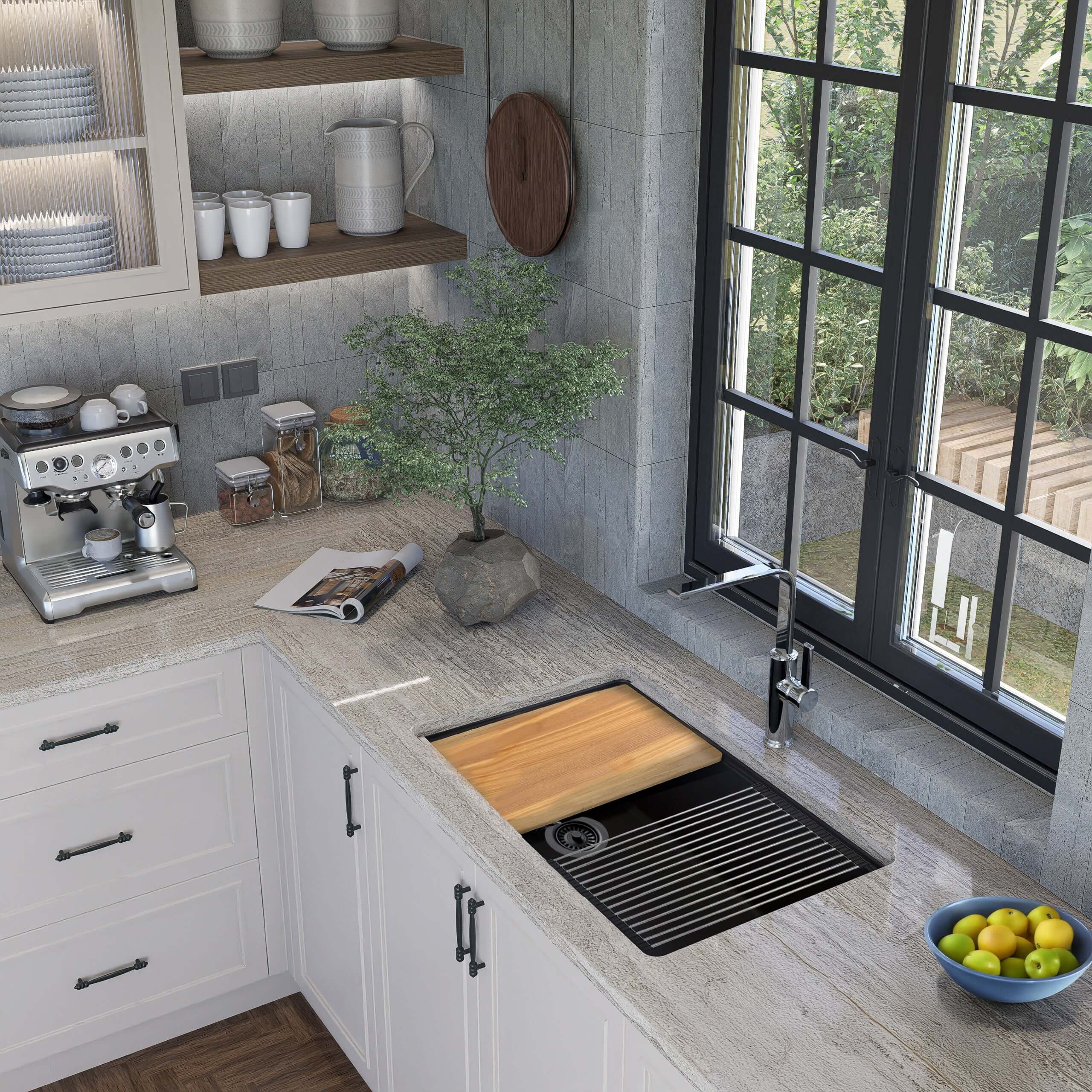 Fregadero de cocina Nantucket Sinks Rockport de 76 cm con doble montaje, de granito compuesto y accesorios, color negro, PR3019PS-BL