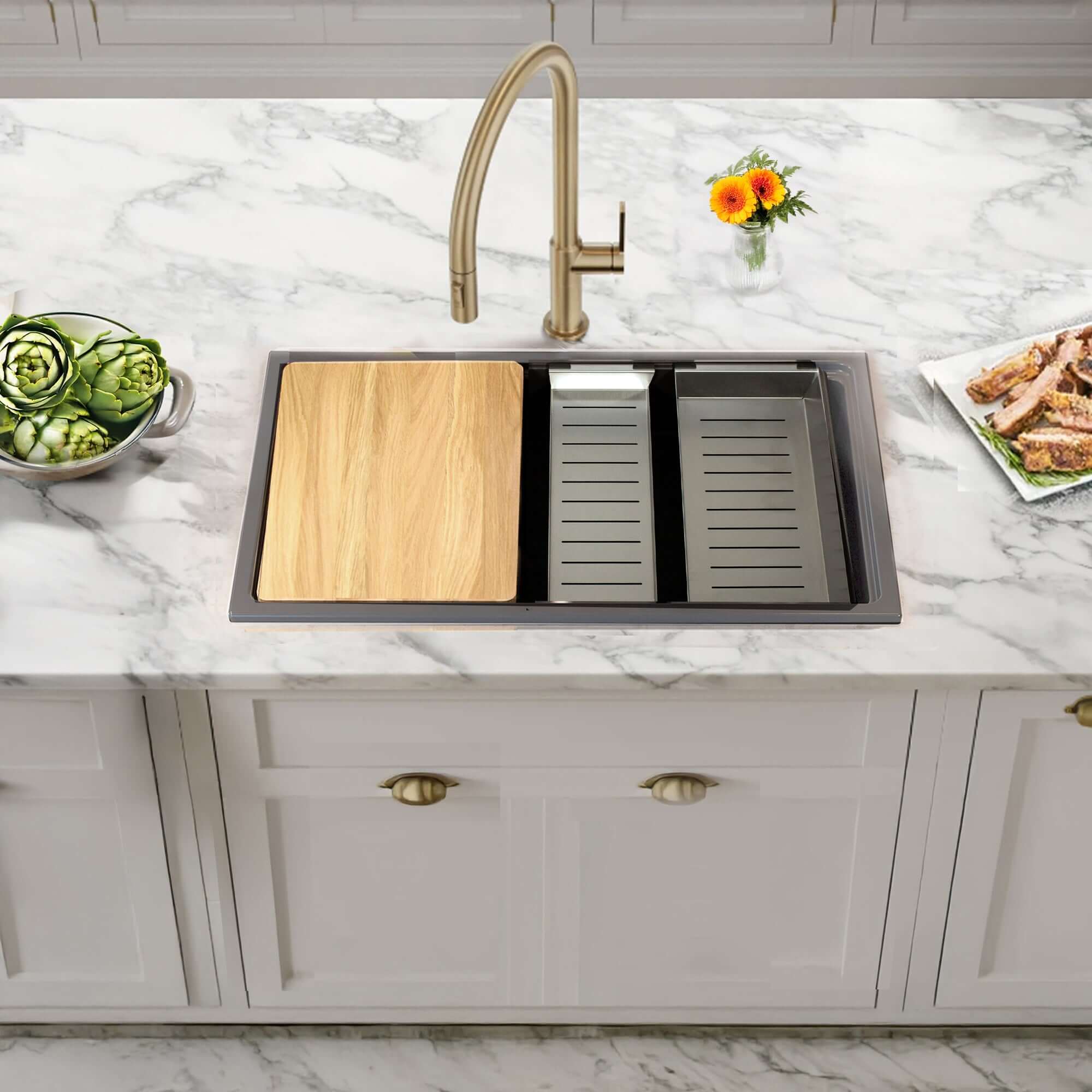 Nantucket Sinks Rockport 30" Dual Mount Granite Composite Workstation Kitchen Sink with Accessories, Titanium, PR3019PS-TI