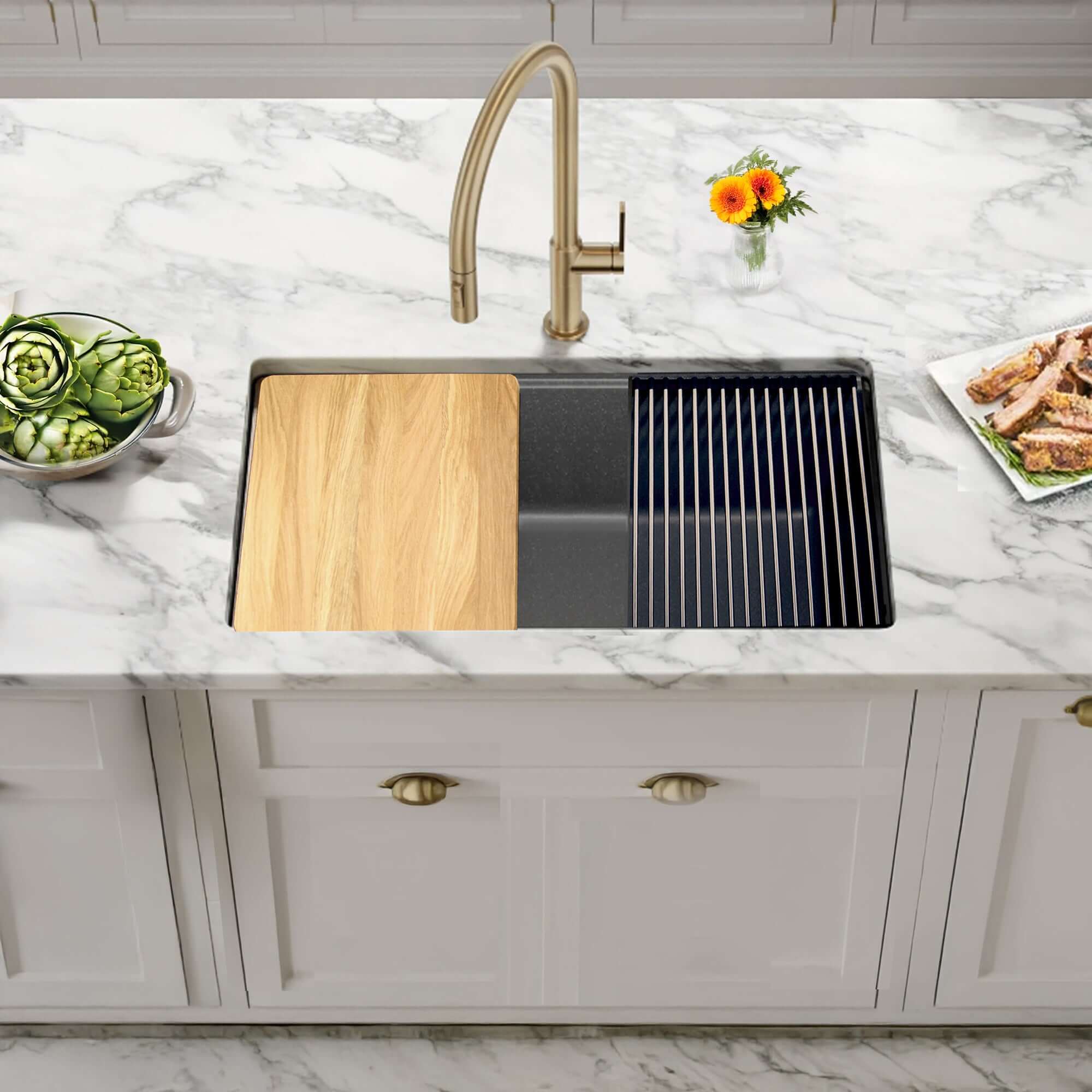 Nantucket Sinks Rockport 30" Dual Mount Granite Composite Workstation Kitchen Sink with Accessories, Titanium, PR3019PS-TI