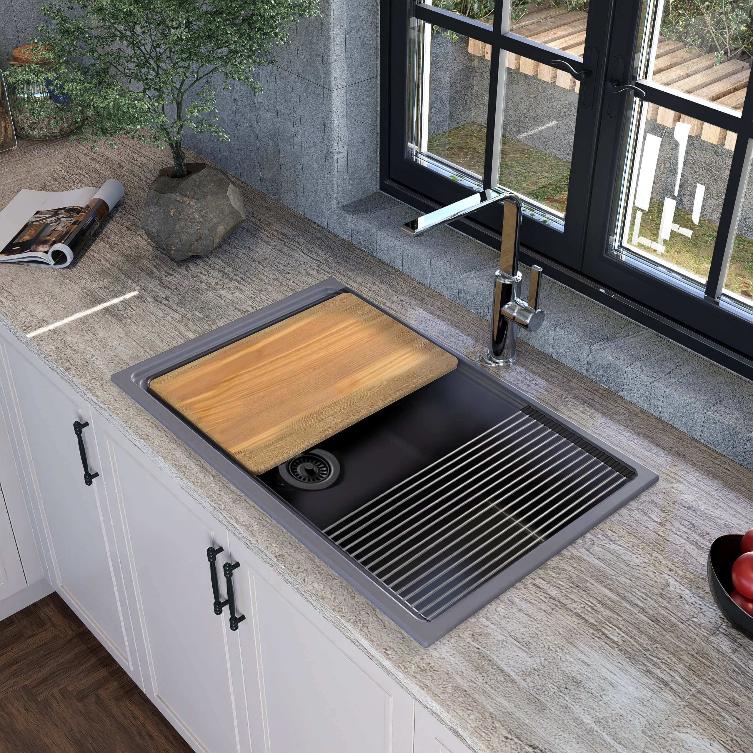 Nantucket Sinks Rockport 30" Dual Mount Granite Composite Workstation Kitchen Sink with Accessories, Titanium, PR3019PS-TI