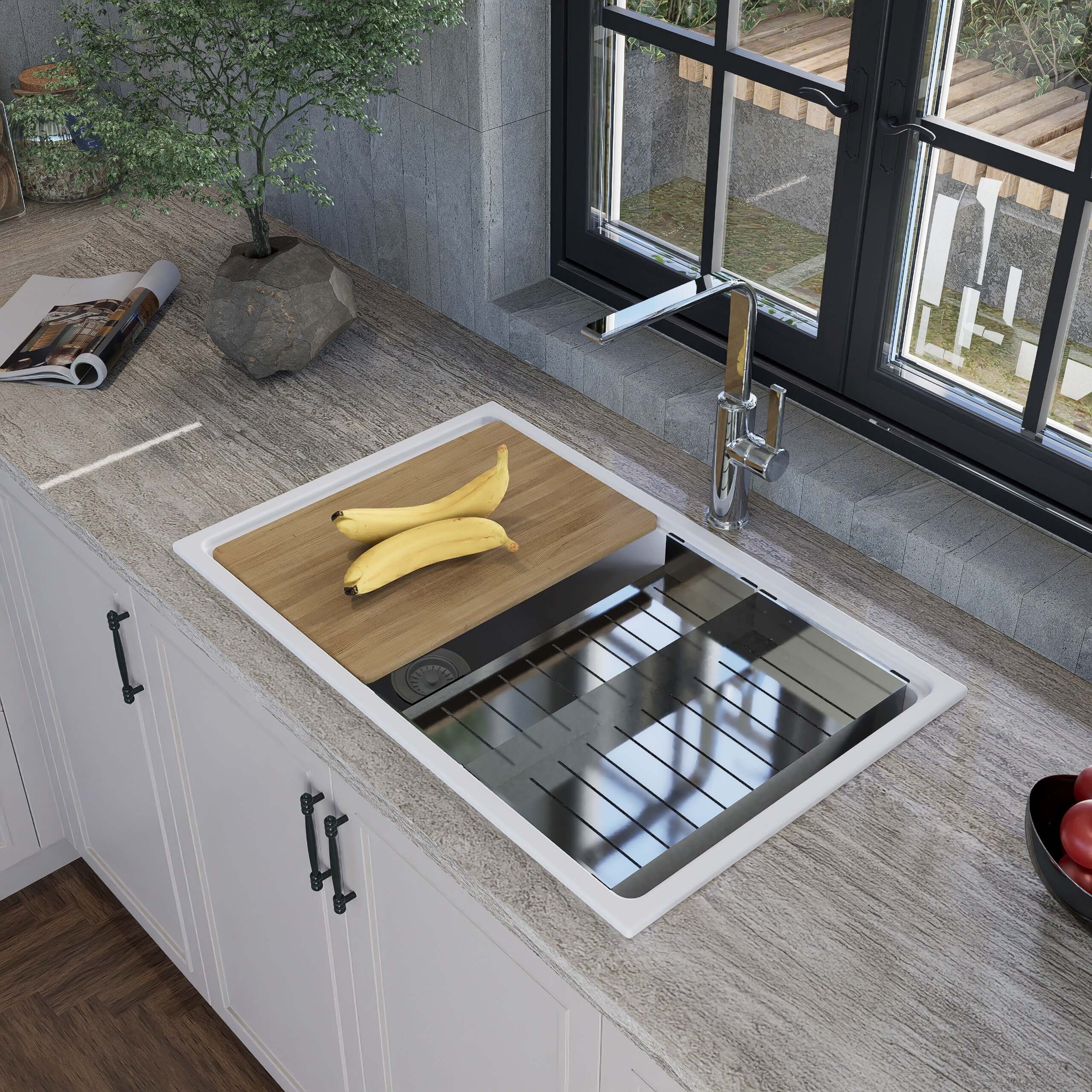 Fregadero de cocina Nantucket Sinks Rockport de 76 cm con doble montaje, de granito compuesto, con accesorios, blanco, PR3019PS-W