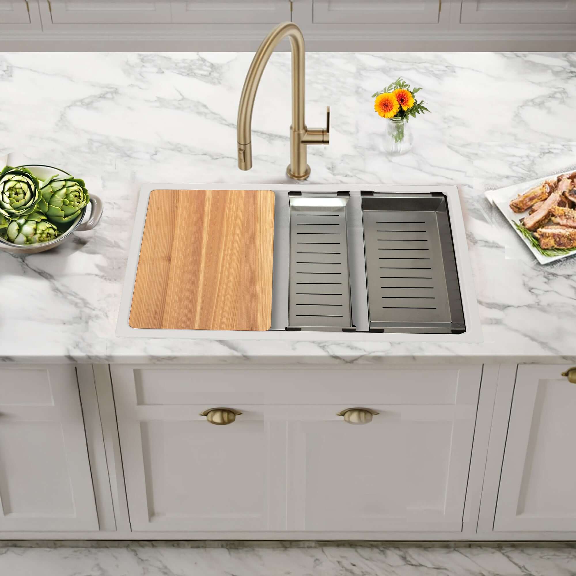 Fregadero de cocina Nantucket Sinks Rockport de 76 cm con doble montaje, de granito compuesto, con accesorios, blanco, PR3019PS-W