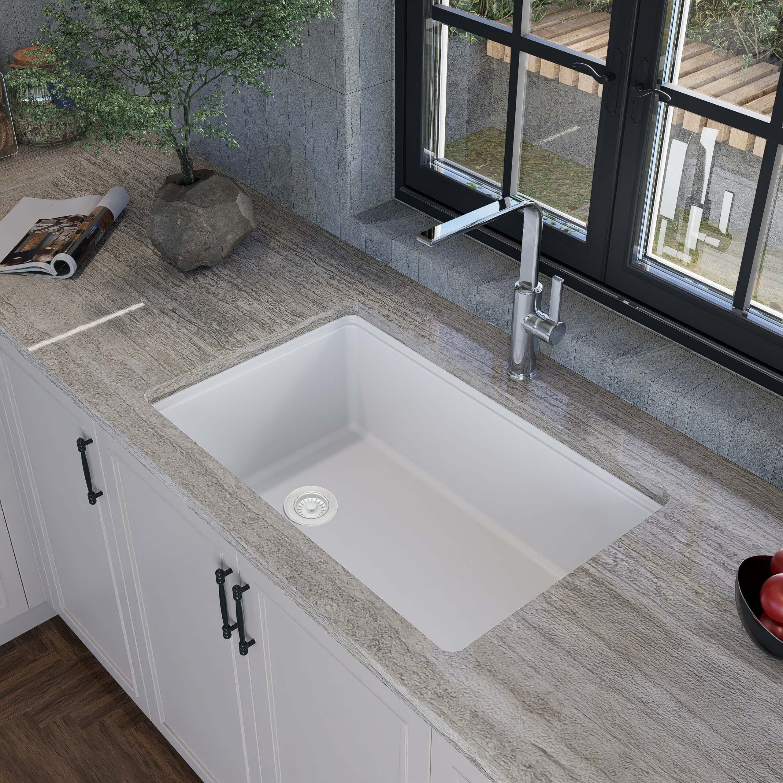 Nantucket sinks rockport 30 dual mount granite composite workstation kitchen sink with accessories white lifestyle image