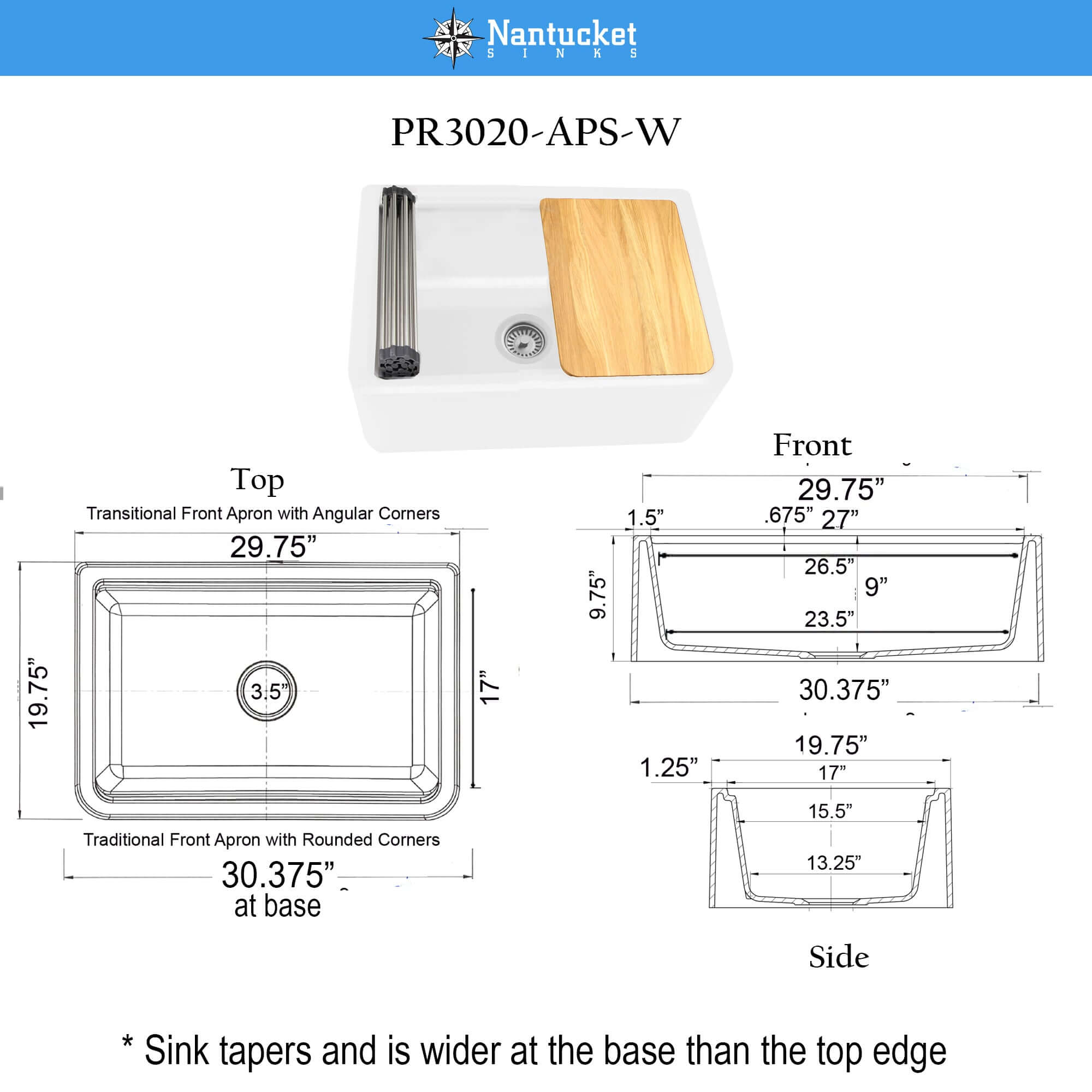 Nantucket Sinks Rockport 30" Granite Composite Workstation Farmhouse Sink with Accessories, White, PR3020-APS-W