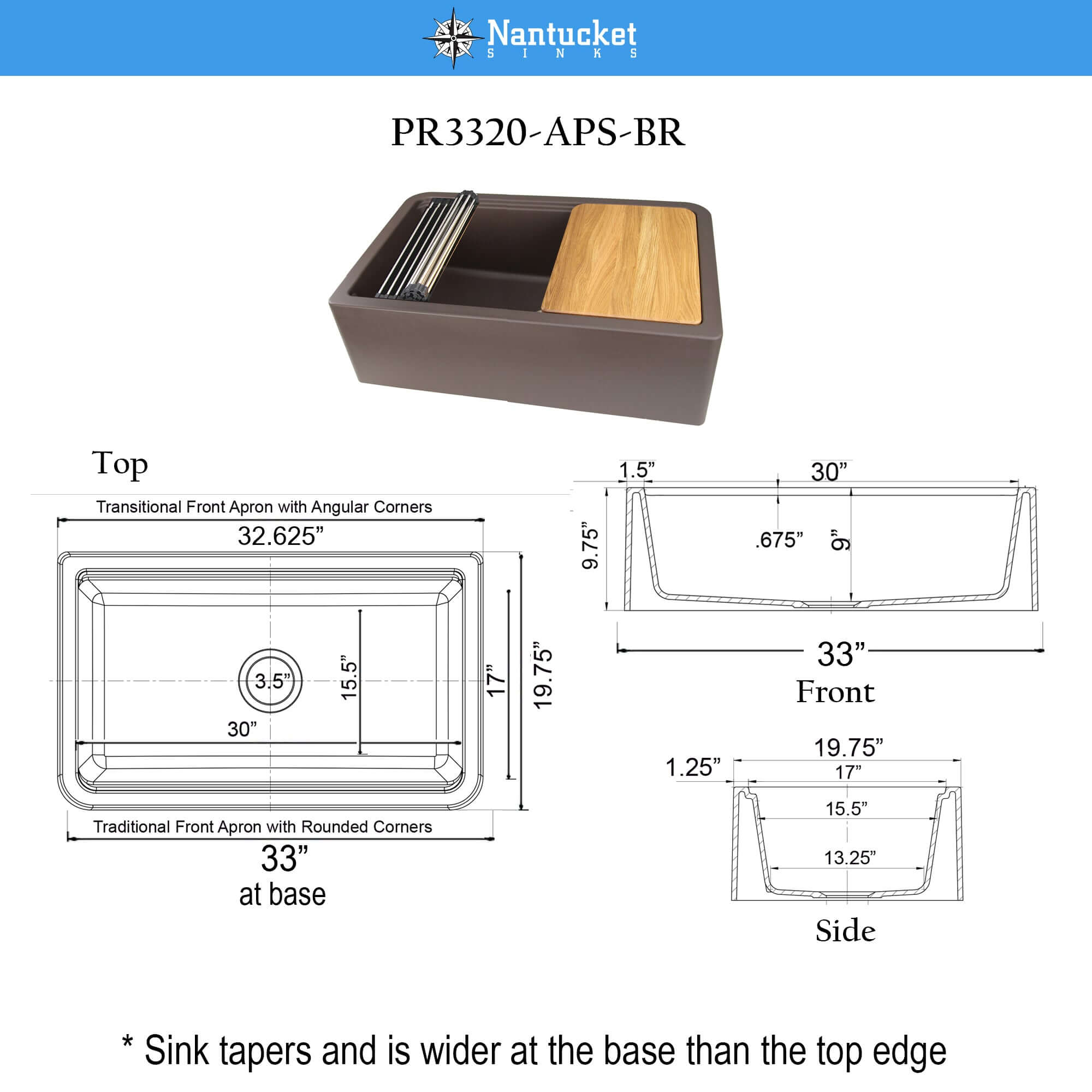 Nantucket Sinks Rockport 33" Granite Composite Workstation Farmhouse Sink with Accessories, Brown, PR3320-APS-BR