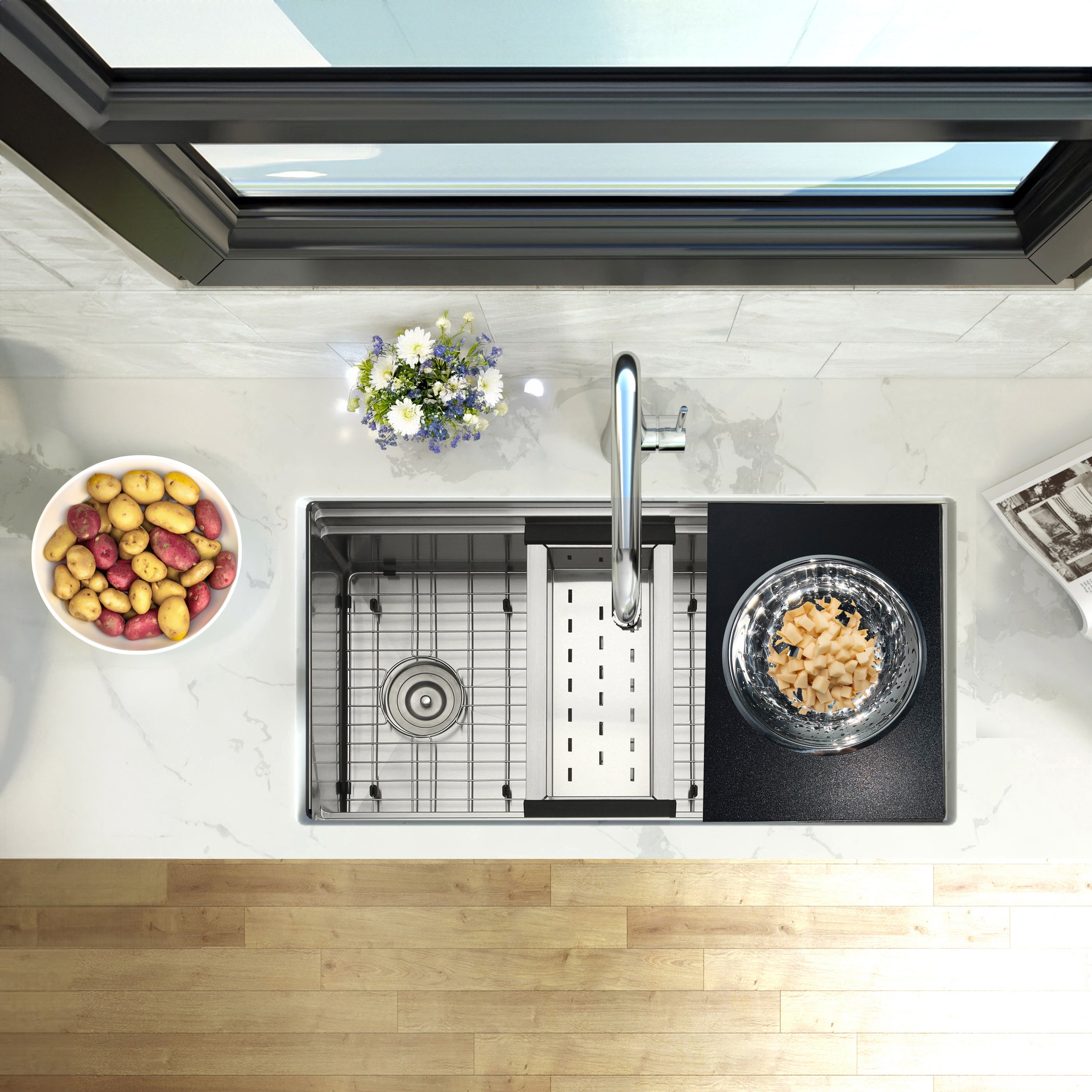 Nantucket sinks premium kitchen 18 prep station colander and bowl server hdpe/stainless steel lifestyle image