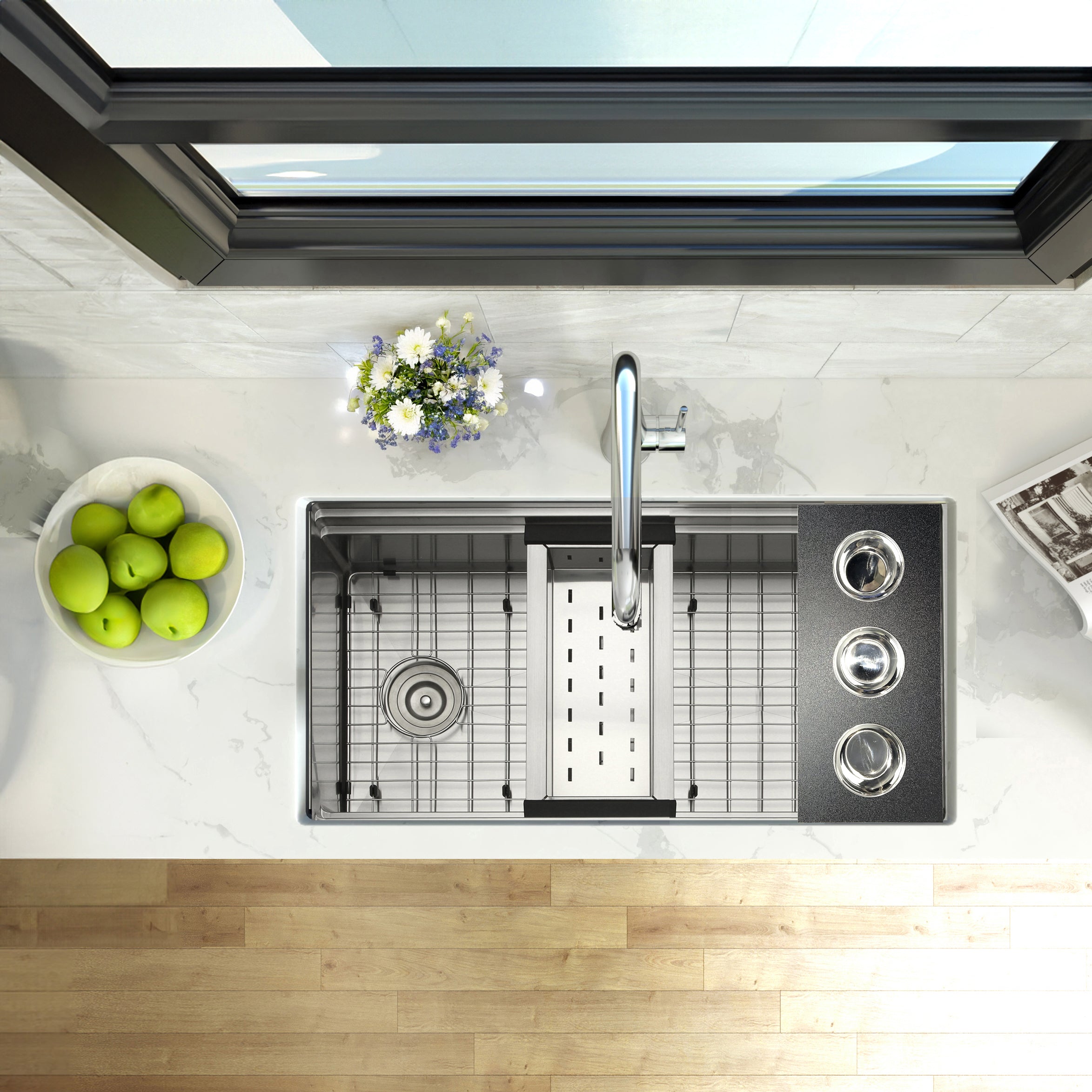 Nantucket sinks premium kitchen 18 prep station condiment server hdpe/stainless steel lifestyle image