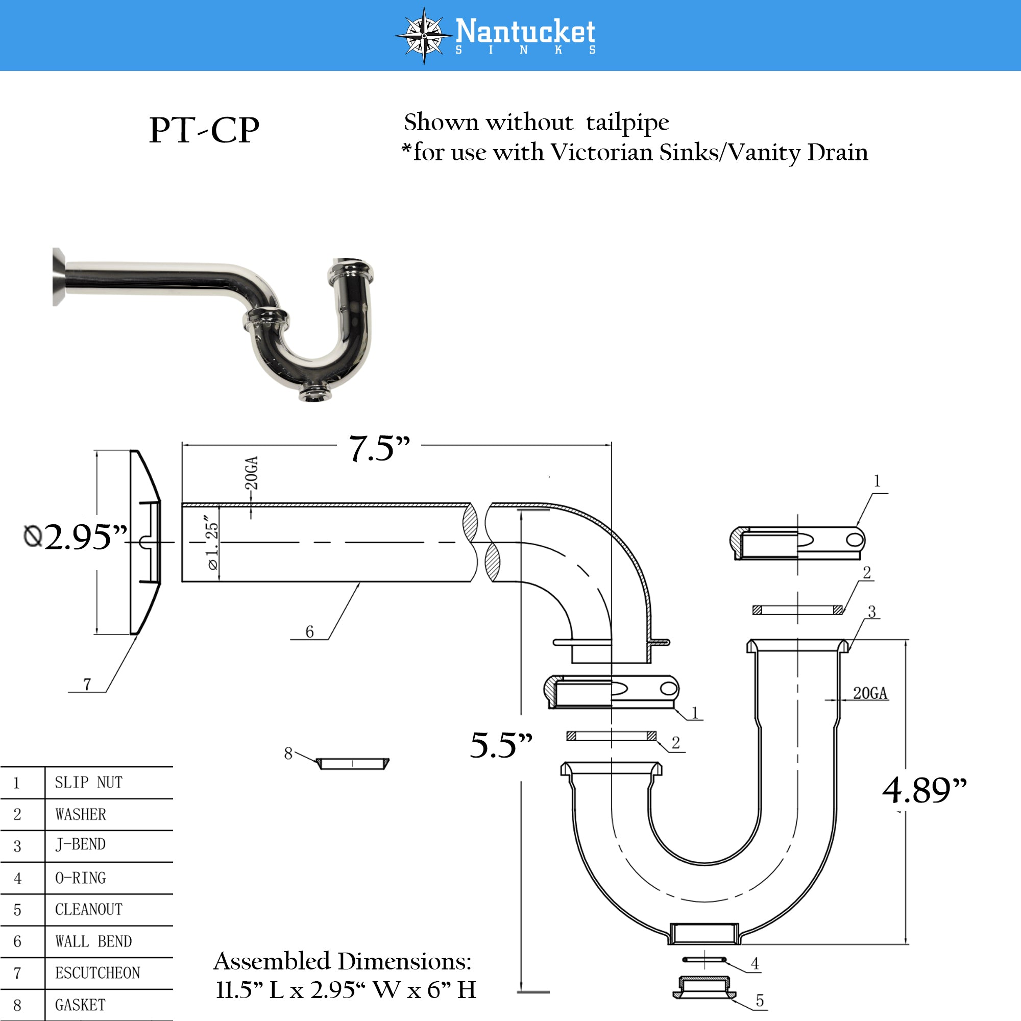 Alternate Image for Nantucket Sinks Premium Accessories' P-Trap - Chrome, Brass/PVC, PT-CP