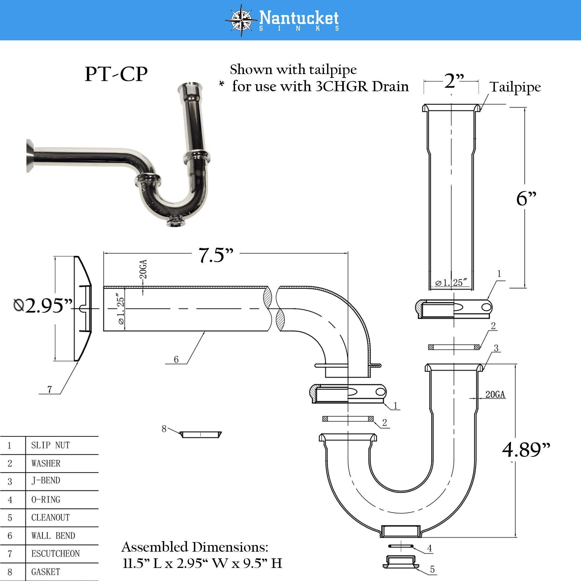 Alternate Image for Nantucket Sinks Premium Accessories' P-Trap - Chrome, Brass/PVC, PT-CP