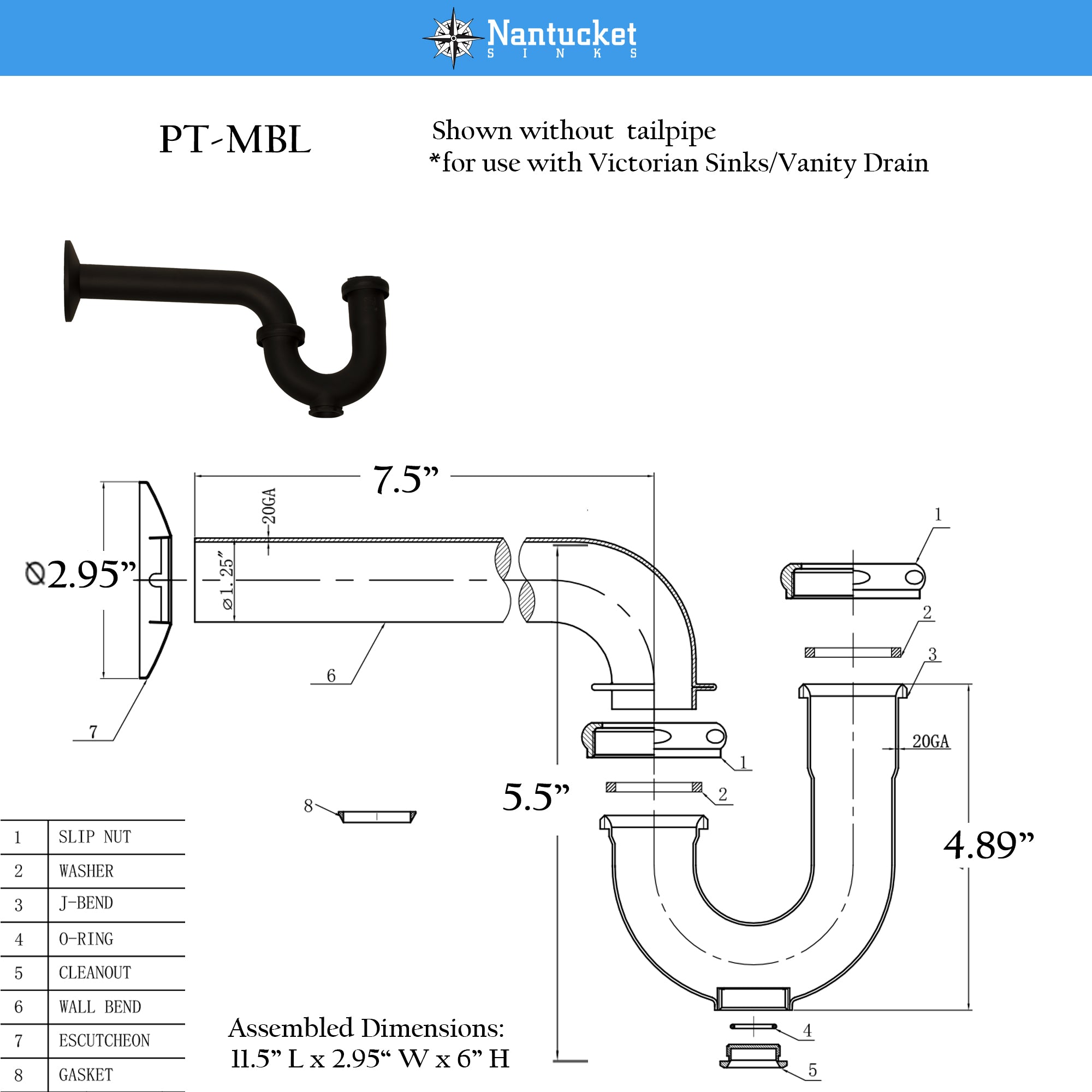 Alternate Image for Nantucket Sinks Premium Accessories' P-Trap - Matte Black, Brass/PVC, PT-MBL