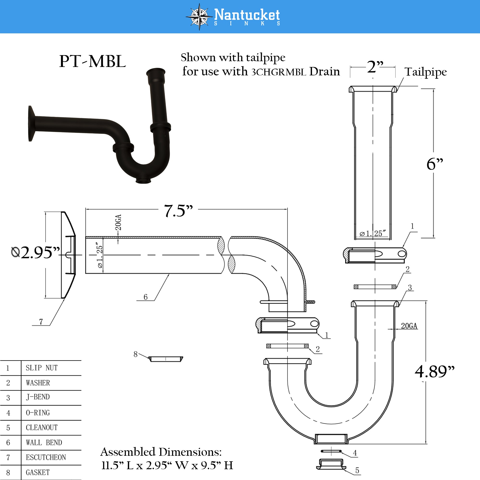 Alternate Image for Nantucket Sinks Premium Accessories' P-Trap - Matte Black, Brass/PVC, PT-MBL