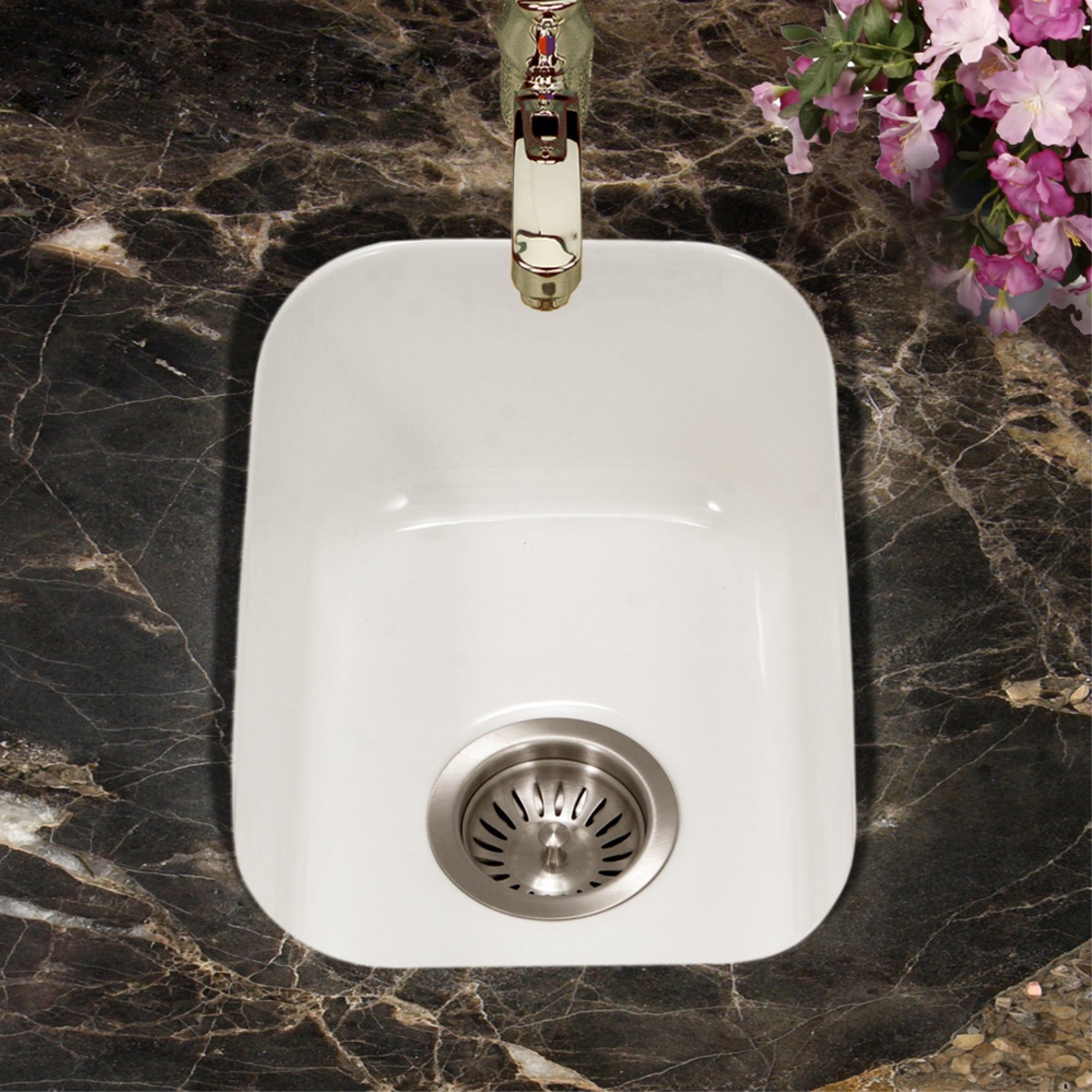 Alternate Image for Houzer Platus 13 inch White Fireclay Undermount Single Bowl Bar Sink with Strainer & Grid - PTB-1318 WH-C