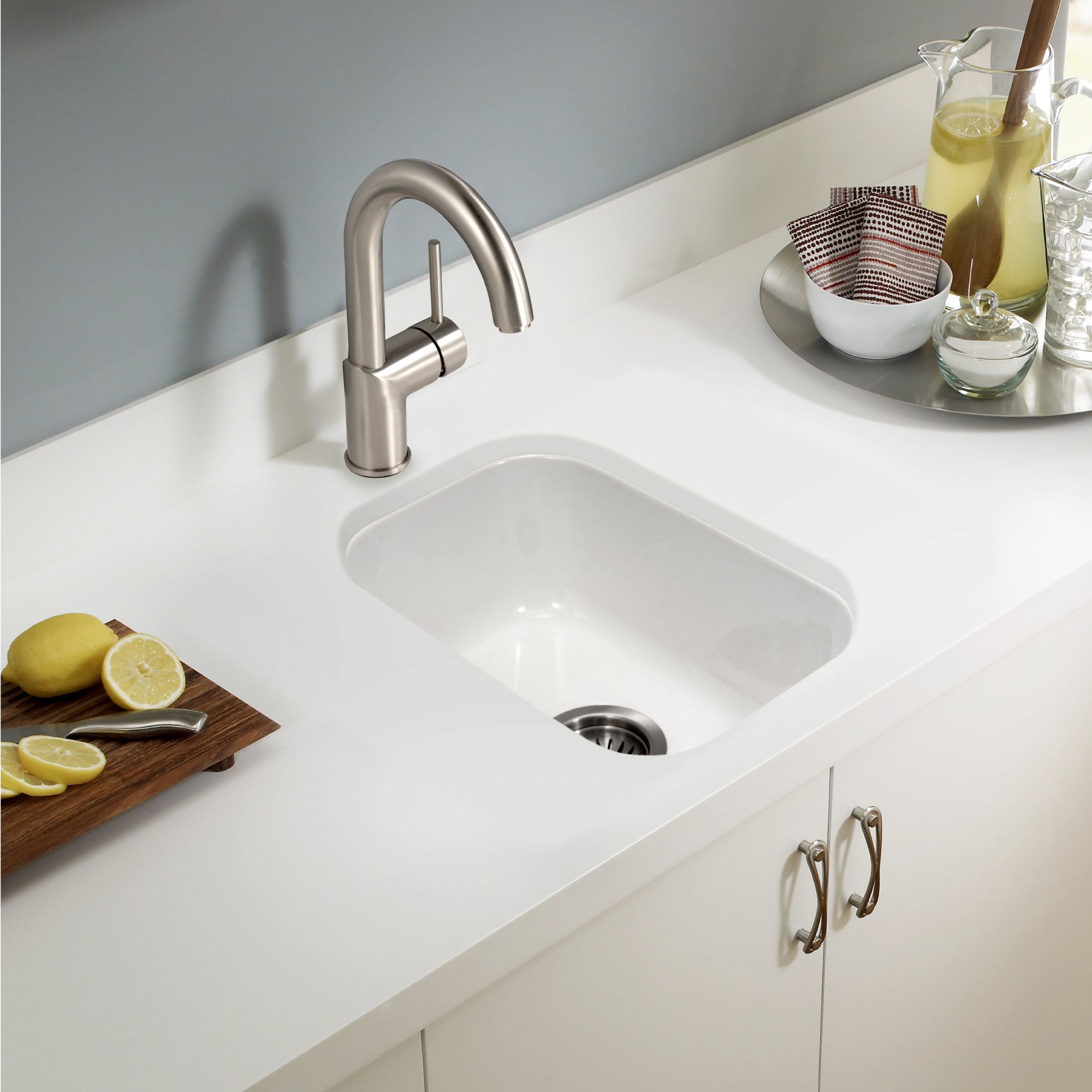 Alternate Image for Houzer Platus 13 inch White Fireclay Undermount Single Bowl Bar Sink with Strainer & Grid - PTB-1318 WH-C