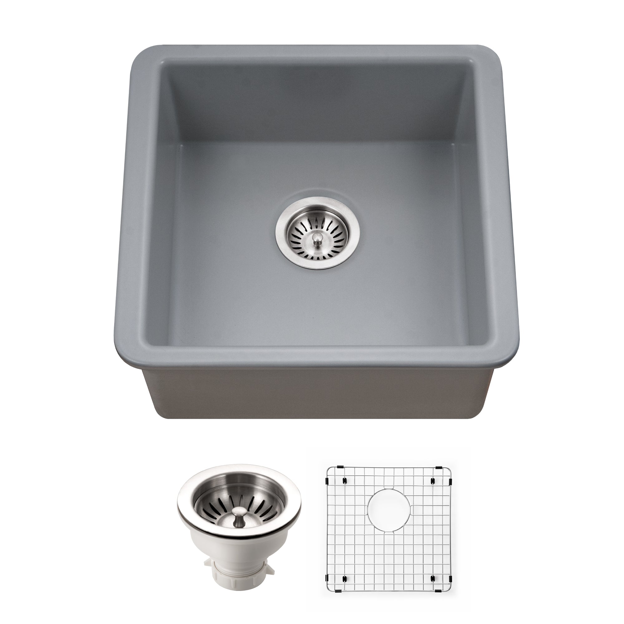 Alternate Image for Houzer Platus 20 inch Gray Fireclay Undermount Square Single Bowl Bar Sink - PTB-2020 GR-C with Basket Strainer and Basin Grid Included