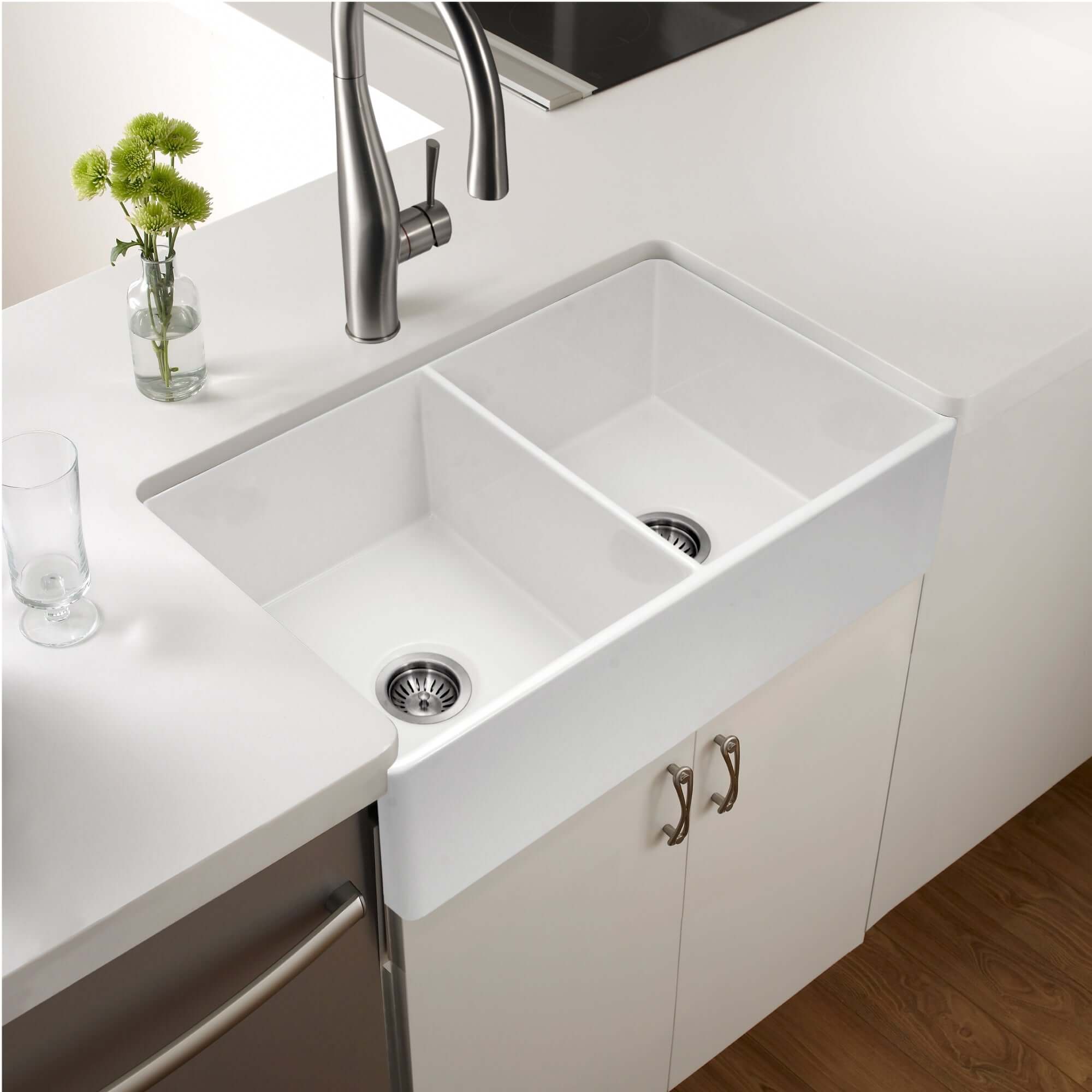 Alternate Image for Houzer Platus 33 inch White Fireclay Apron Front Farmhouse 50/50 Double Bowl Kitchen Sink with Strainer & Grids - PTD-4400 WH-C