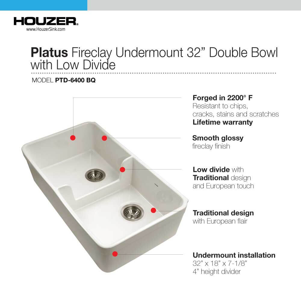 Alternate Image for Houzer Platus 32" Fireclay 50/50 Low Divide Double Bowl Farmhouse Kitchen Sink with Accessories, Biscuit, PTD-6400 BQ-C