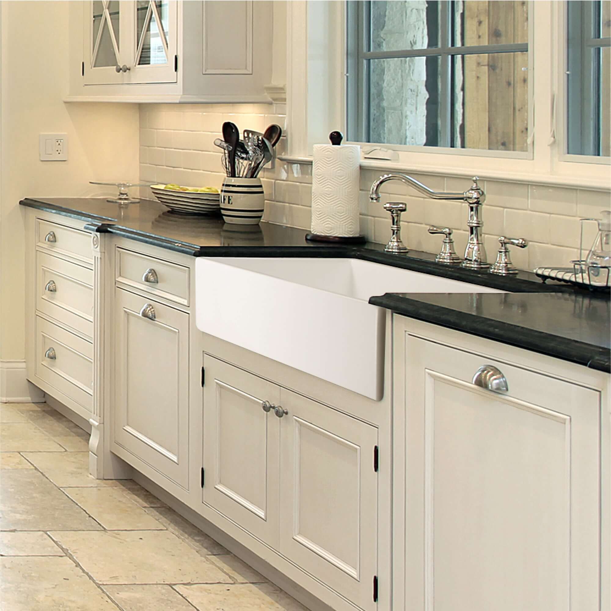 Alternate Image for Houzer Platus 36 inch White Fireclay Apron Front Farmhouse Single Bowl Kitchen Sink with Strainer & Grid - PTG-3600 WH-C