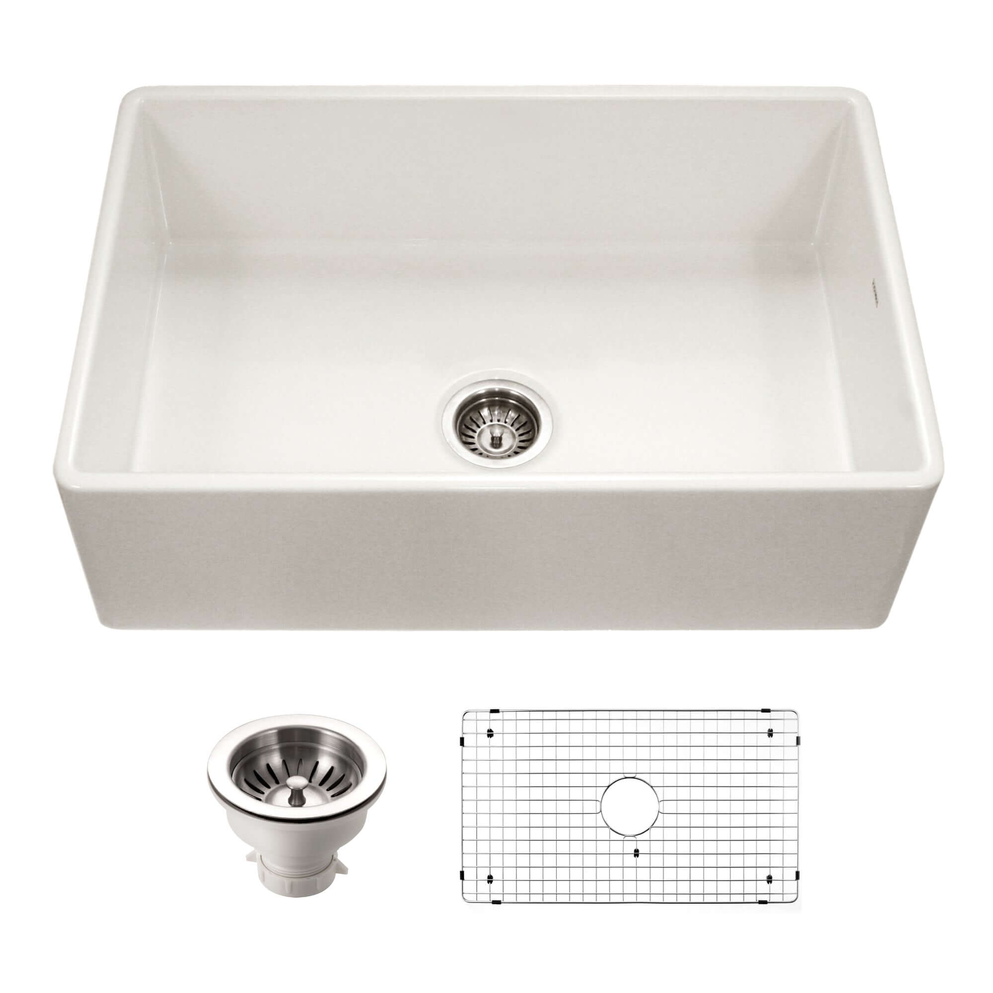 Houzer Platus 33 inch Biscuit Fireclay Apron Front Farmhouse Single Bowl Kitchen Sink - PTG-4300 BQ-C with Basket Strainer and Basin Grid Included