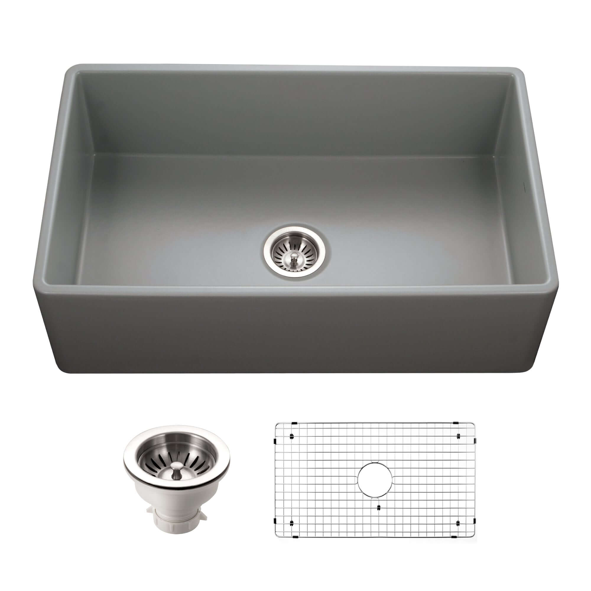 Houzer Platus 33 inch Gray Fireclay Apron Front Farmhouse Single Bowl Kitchen Sink - PTG-4300 GR-C with Basket Strainer and Basin Grid Included