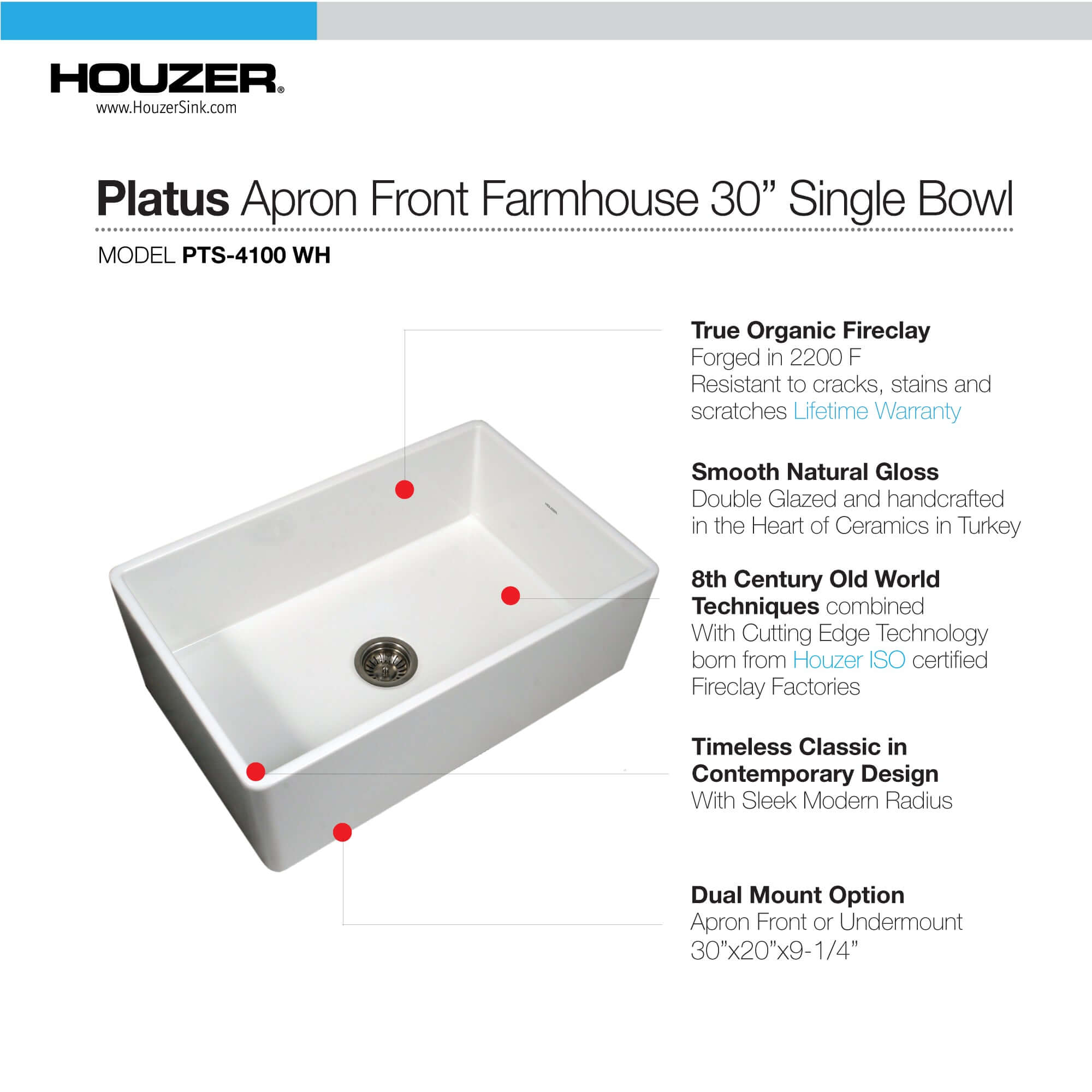 Alternate Image for Houzer Platus 30 inch White Fireclay Apron Front Farmhouse Single Bowl Kitchen Sink with Strainer & Grid - PTS-4100 WH-C