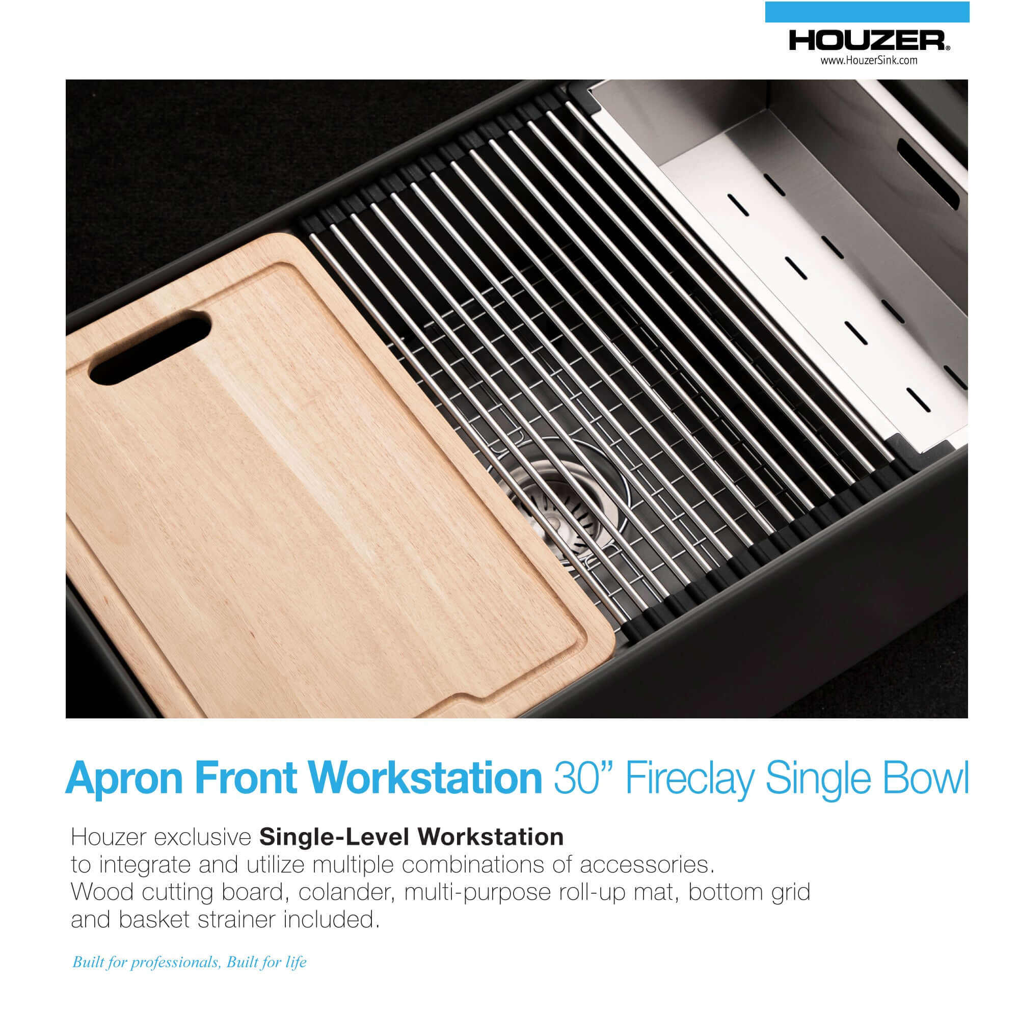 Alternate Image for Houzer Aspire 30 inch Black Fireclay Farmhouse Apron Front Single Bowl Workstation Sink with Accessories - PTW-3020S BL