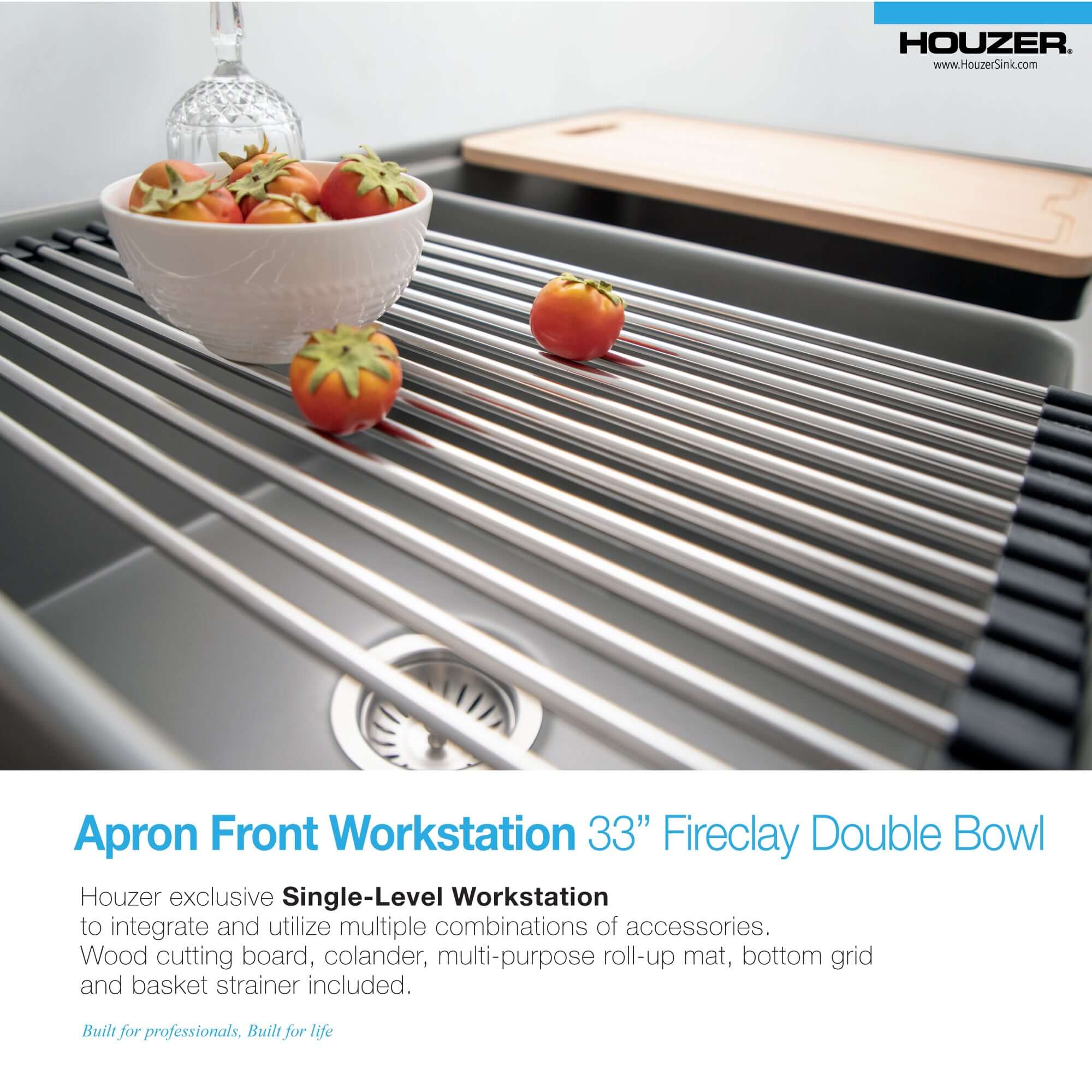 Alternate Image for Houzer Aspire 33 inch Gray Fireclay Farmhouse Apron Front 50/50 Double Bowl Workstation Sink with Accessories - PTW-3320SD GR