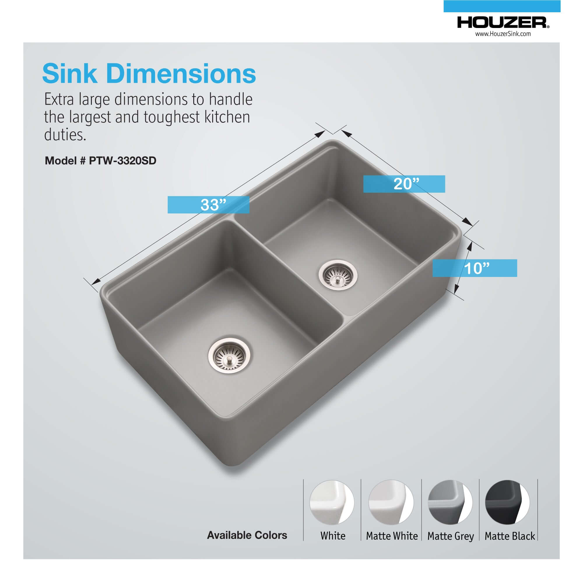 Alternate Image for Houzer Aspire 33 inch Gray Fireclay Farmhouse Apron Front 50/50 Double Bowl Workstation Sink with Accessories - PTW-3320SD GR