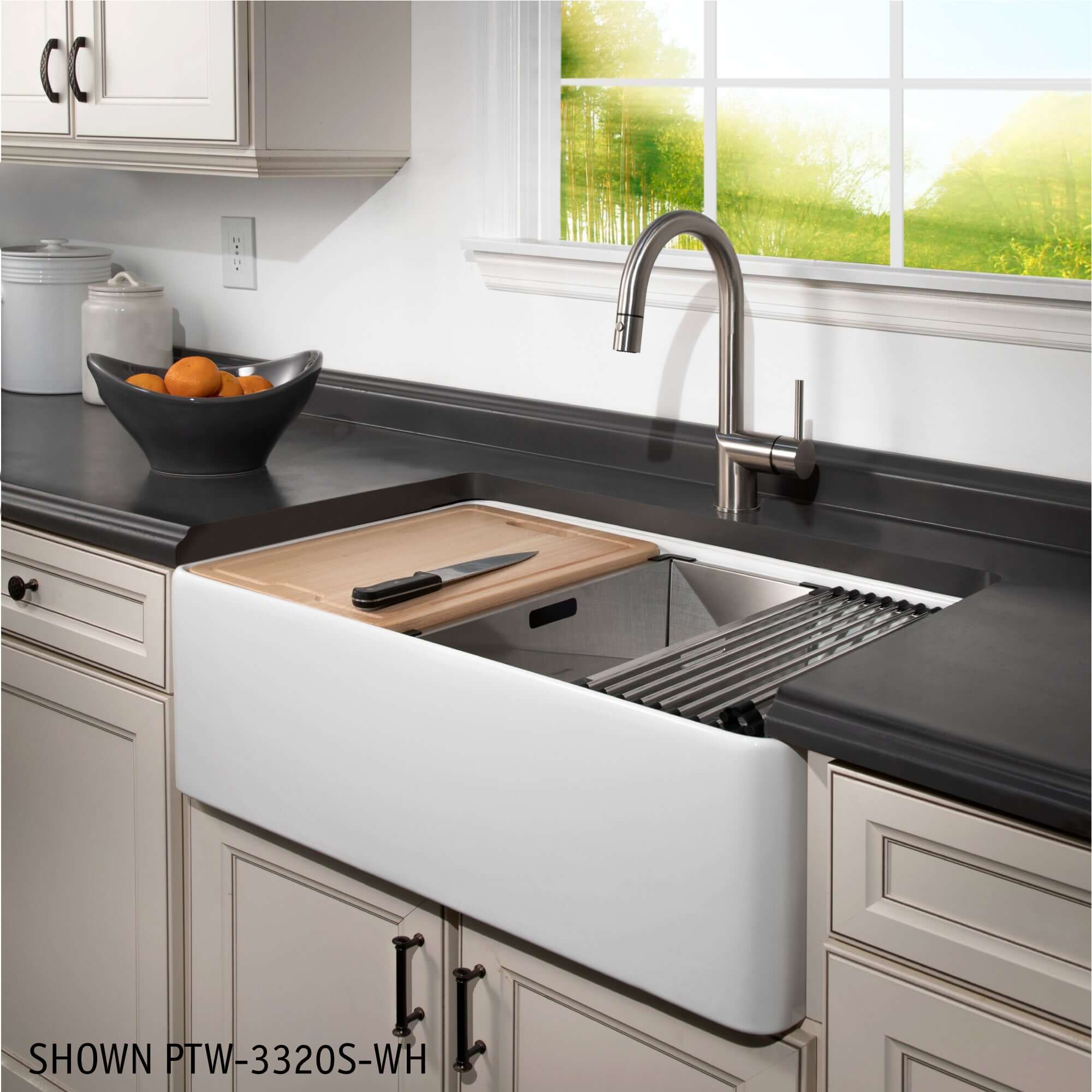 Alternate Image for Houzer Aspire 33 inch White Fireclay Farmhouse Apron Front 50/50 Double Bowl Workstation Sink with Accessories - PTW-3320SD WH
