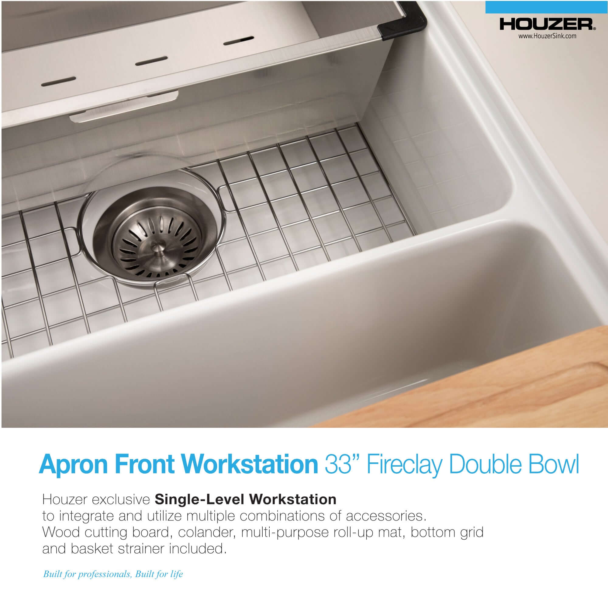Alternate Image for Houzer Aspire 33 inch White Fireclay Farmhouse Apron Front 50/50 Double Bowl Workstation Sink with Accessories - PTW-3320SD WH
