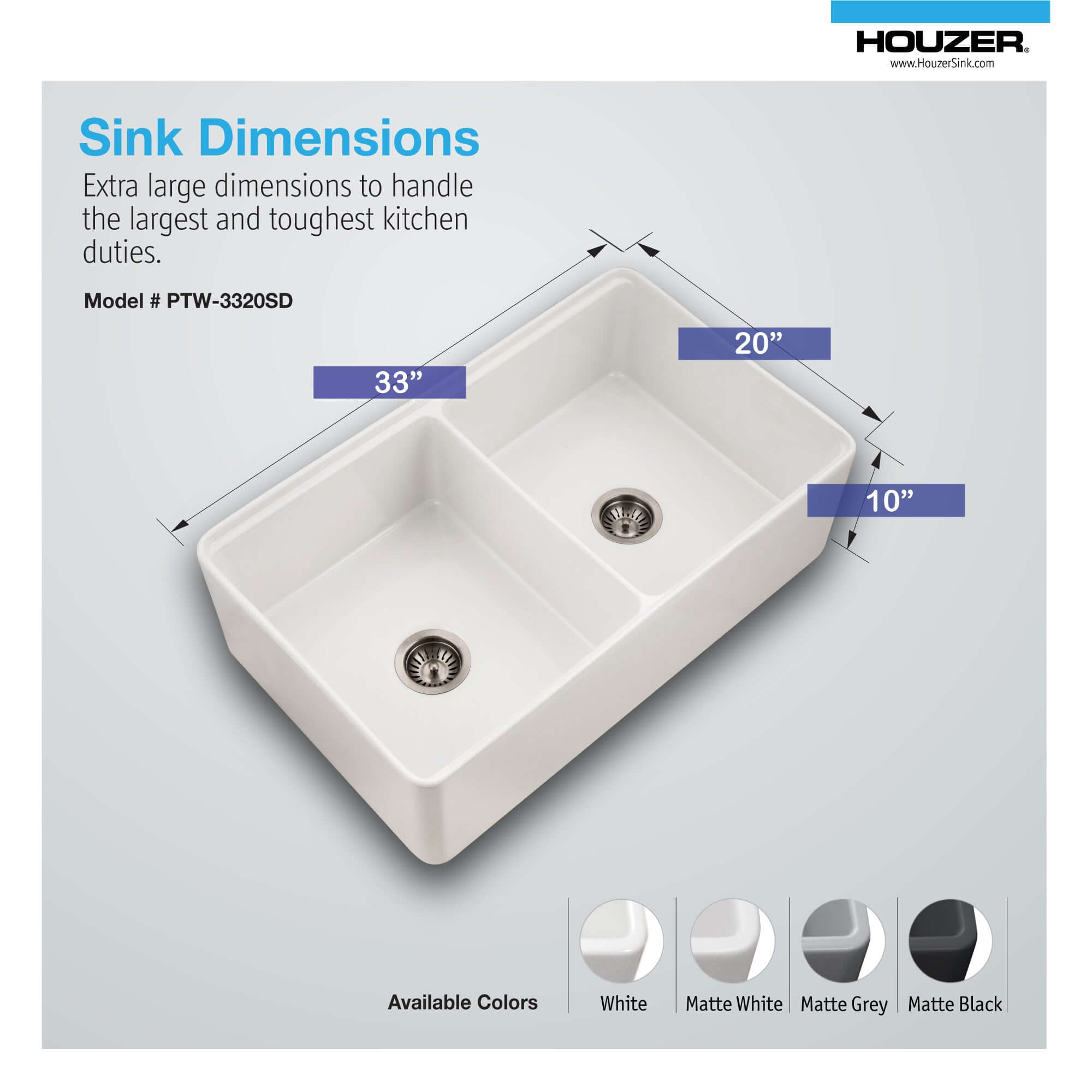 Alternate Image for Houzer Aspire 33 inch White Fireclay Farmhouse Apron Front 50/50 Double Bowl Workstation Sink with Accessories - PTW-3320SD WH