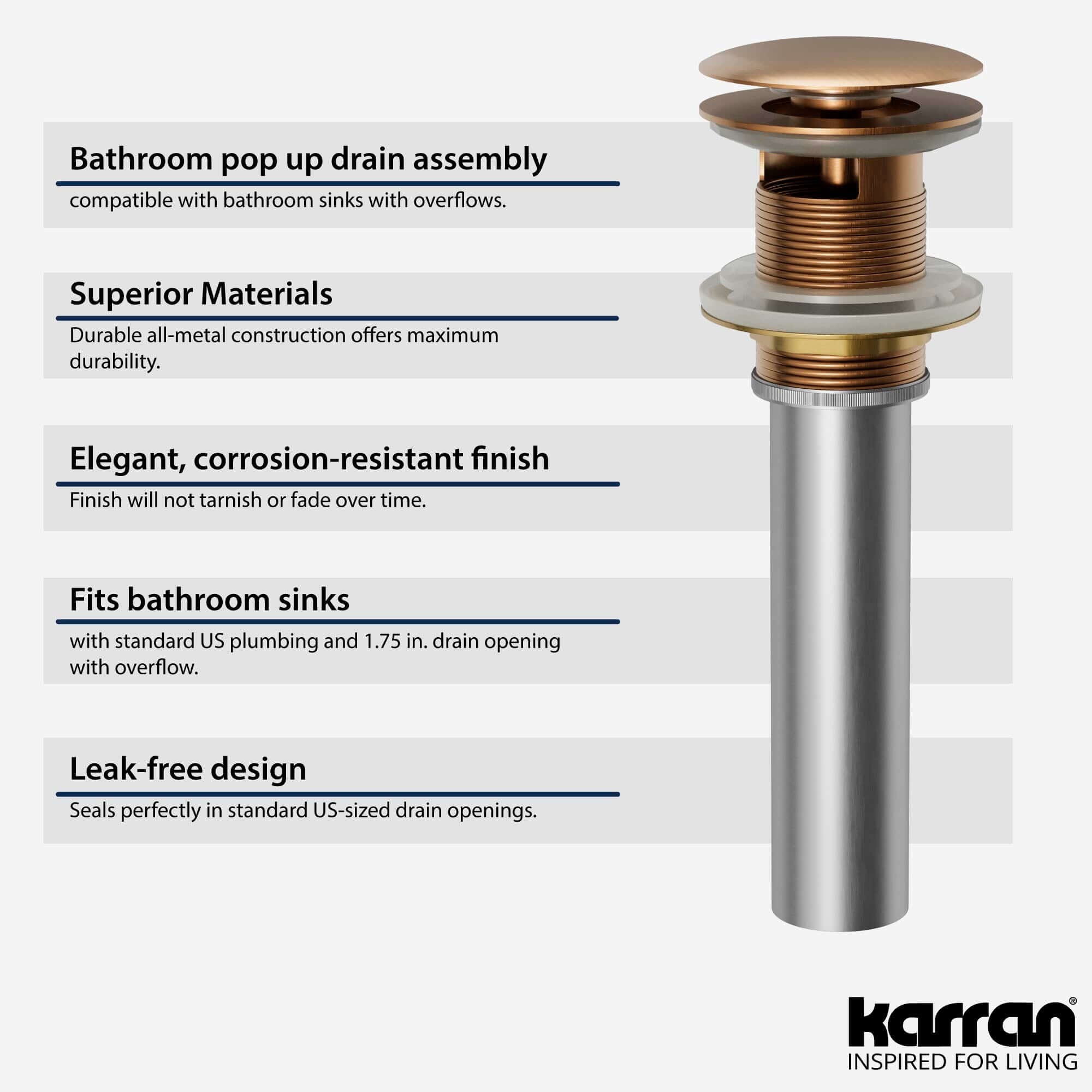 Alternate Image for Karran Bathroom Accessory PUOF25 Pop-Up Vanity Bowl Drain with Overflow in Brushed Copper, Lead-free Brass, PUOF25BC