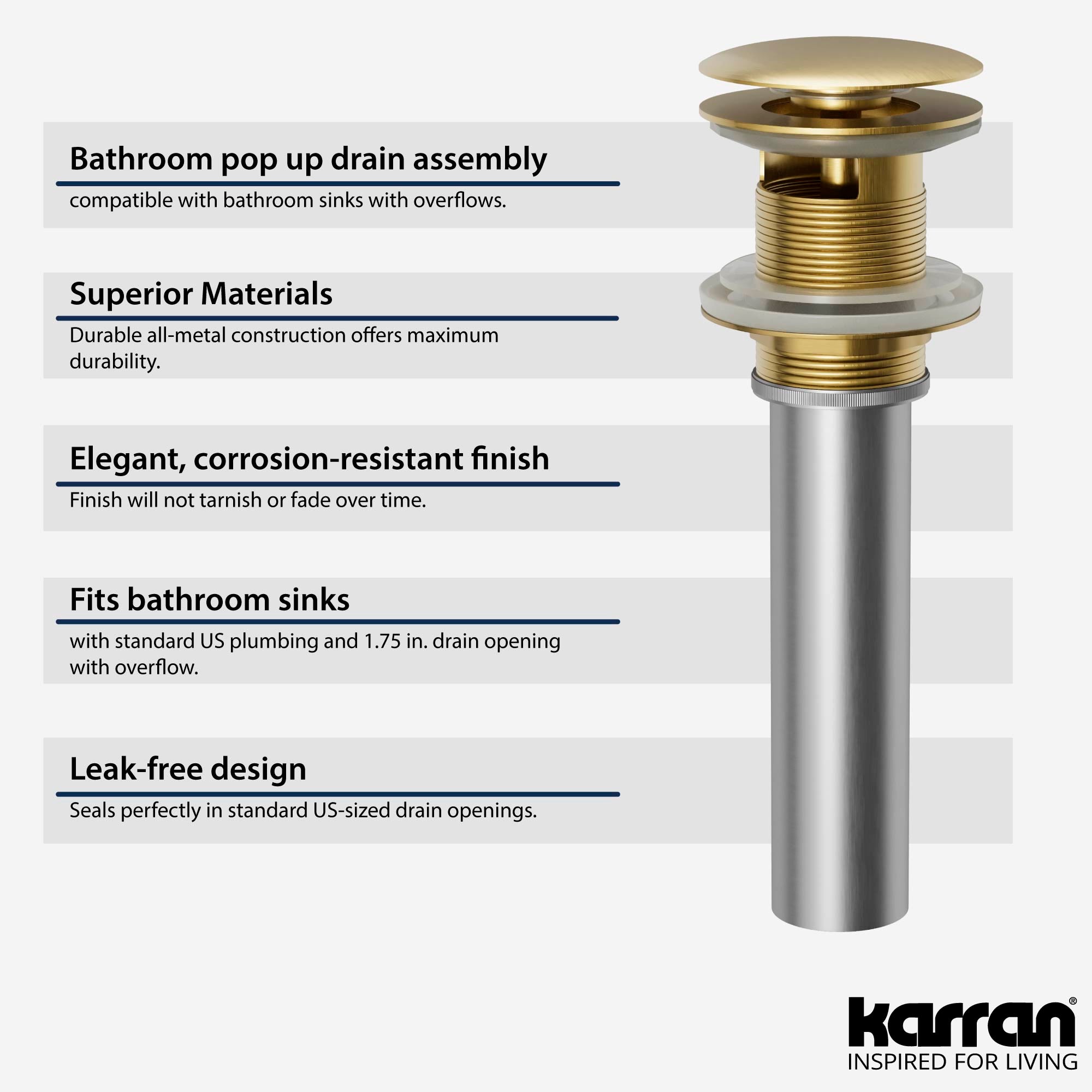 Alternate Image for Karran Bathroom Accessory PUOF25 Pop-Up Vanity Bowl Drain with Overflow in Brushed Gold, Lead-free Brass, PUOF25BG