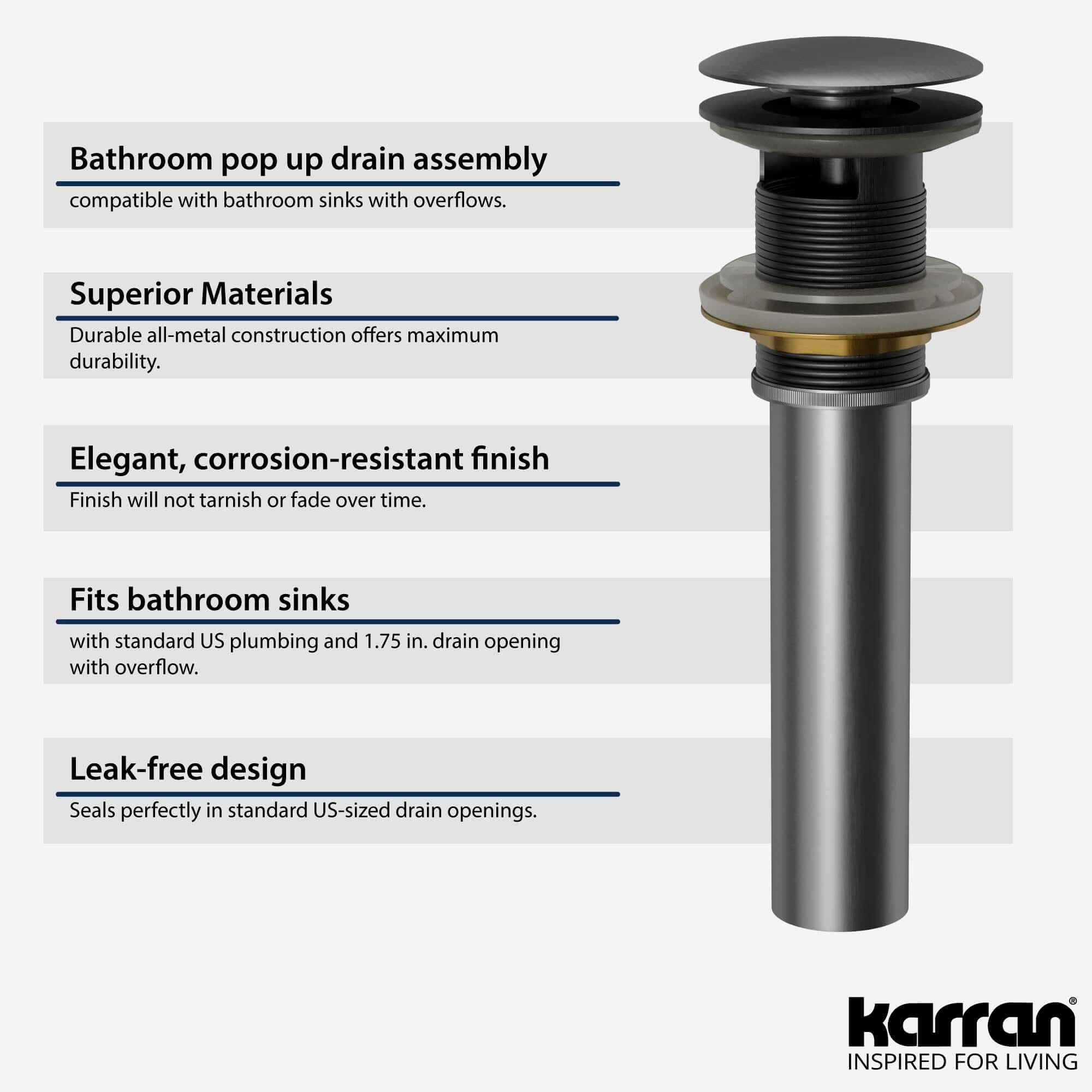 Alternate Image for Karran Bathroom Accessory PUOF25 Pop-Up Vanity Bowl Drain with Overflow in Gunmetal Grey, Lead-free Brass, PUOF25GG