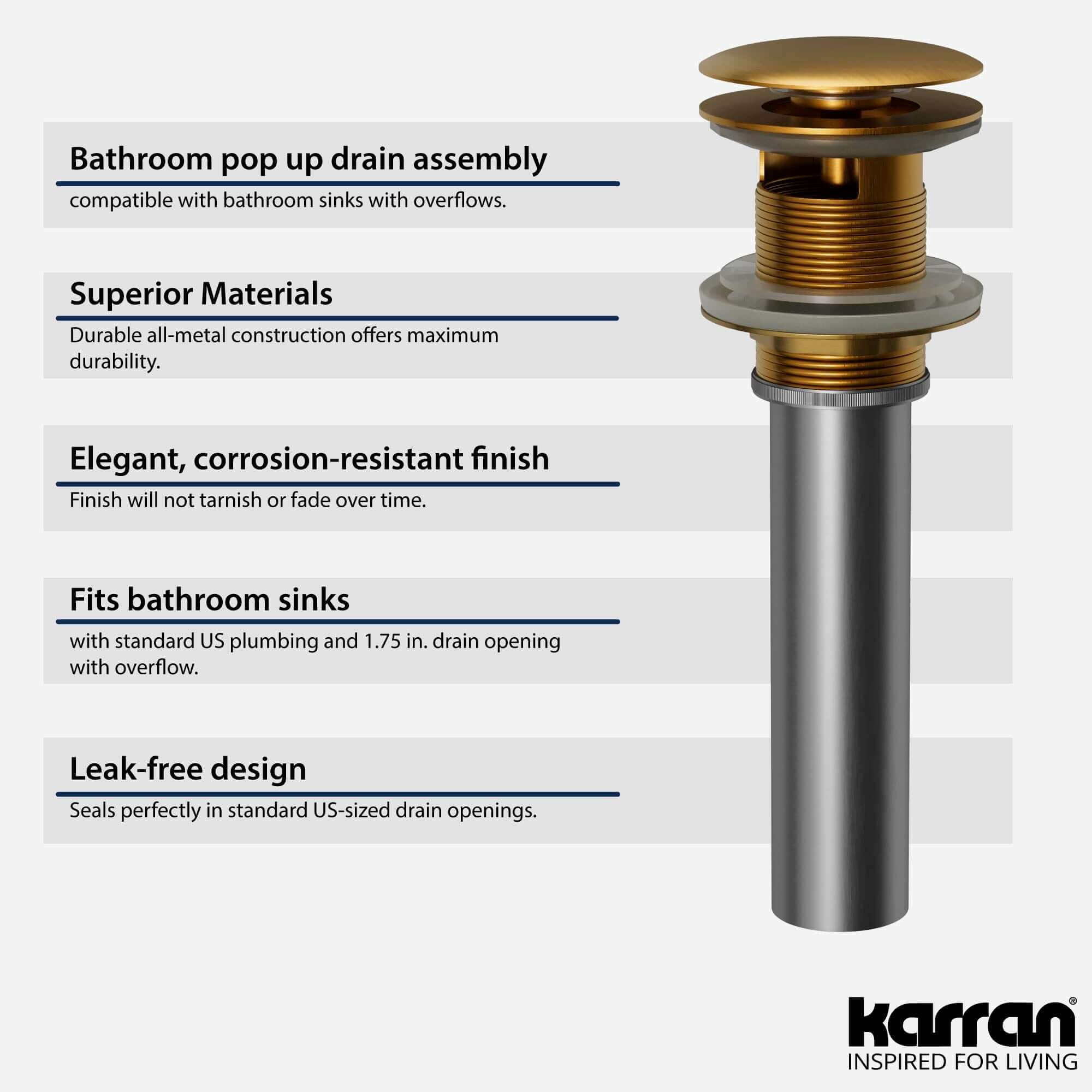 Alternate Image for Karran Bathroom Accessory PUOF25 Pop-Up Vanity Bowl Drain with Overflow in Gold, Lead-free Brass, PUOF25G