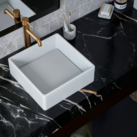 Karran Quattro 14.5" x 14.5" Square Vessel Acrylic Solid Surface ADA Bathroom Sink, White, QM175WH