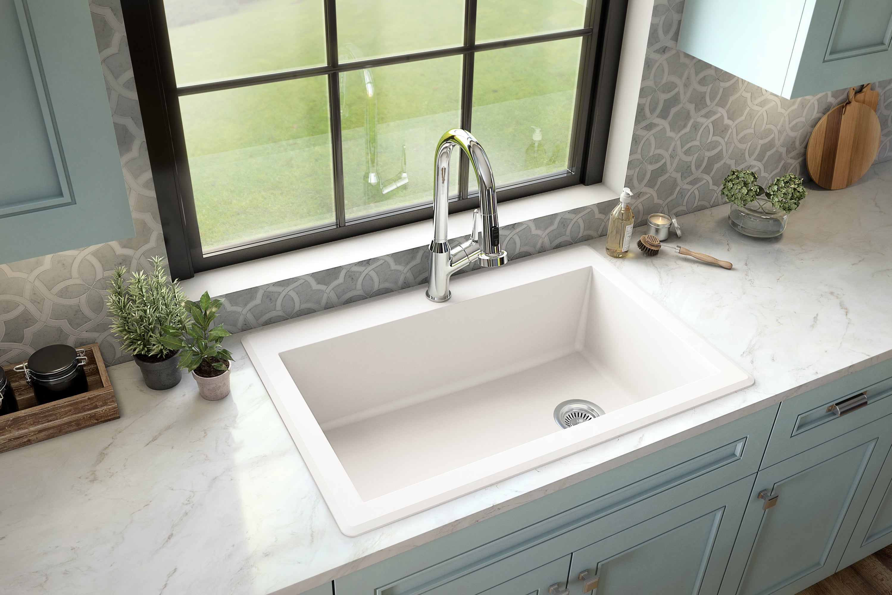 Alternate Image for Karran 33" Drop In/Topmount Quartz Composite Kitchen Sink, White, QT-670-WH