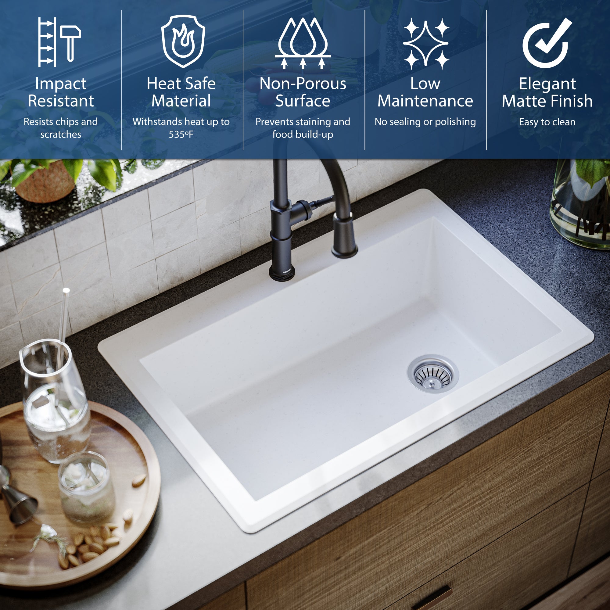 Alternate Image for Karran 33" Drop In/Topmount Quartz Composite Kitchen Sink, White, QT-670-WH