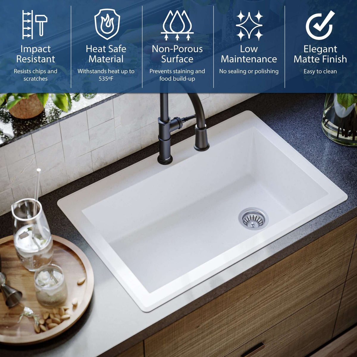 Alternate Image for Karran 33" Drop In/Topmount Quartz Composite Kitchen Sink, White, QT-670-WH
