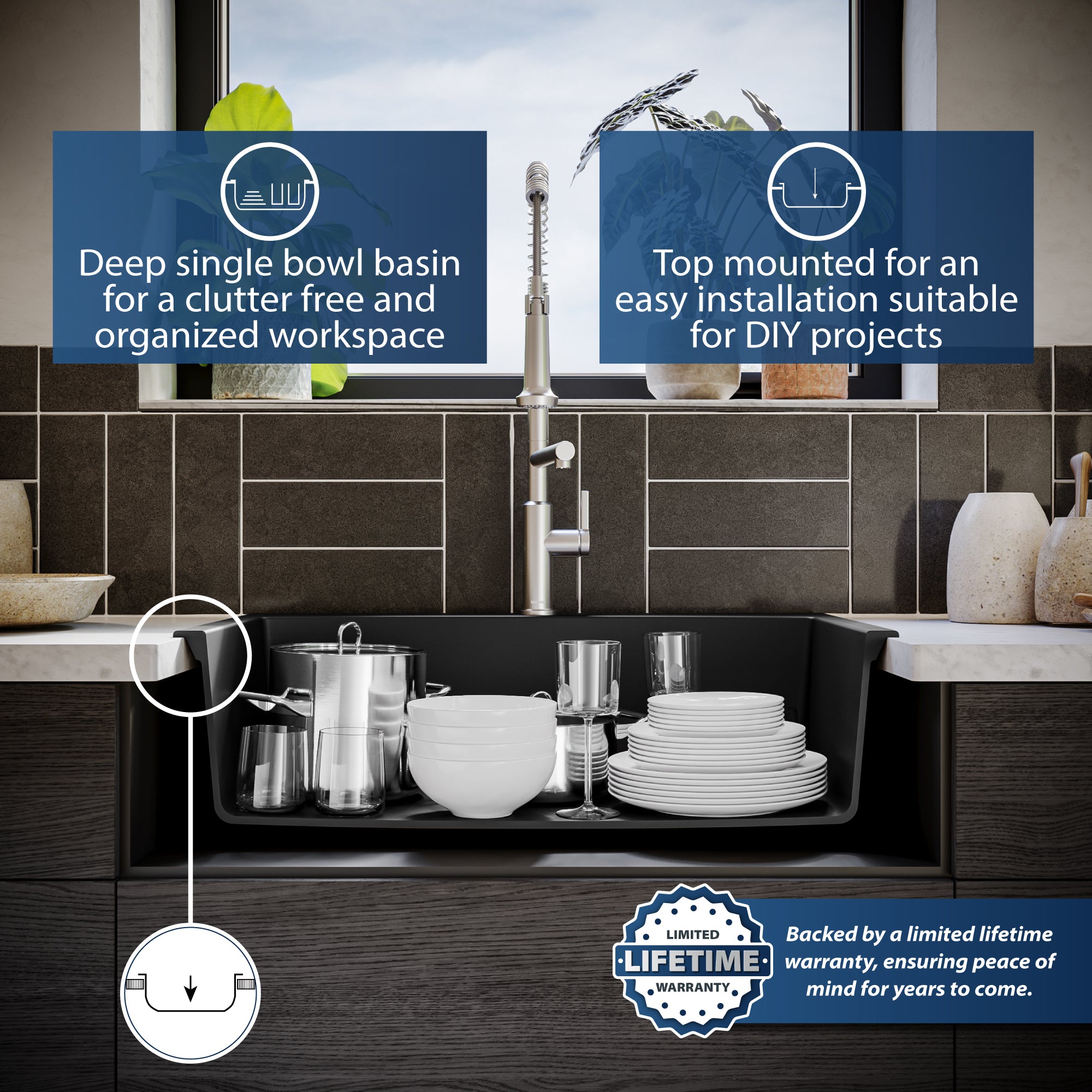 Alternate Image for Karran 33" Drop In/Topmount Quartz Composite Kitchen Sink, Black, QT-712-BL