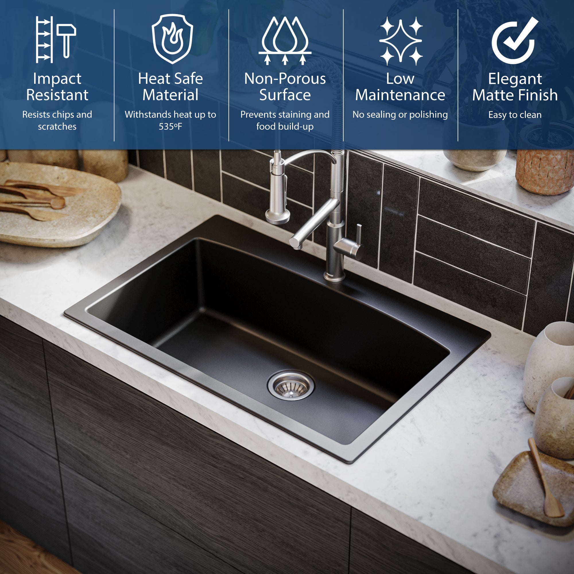 Alternate Image for Karran 33" Drop In/Topmount Quartz Composite Kitchen Sink, Black, QT-712-BL