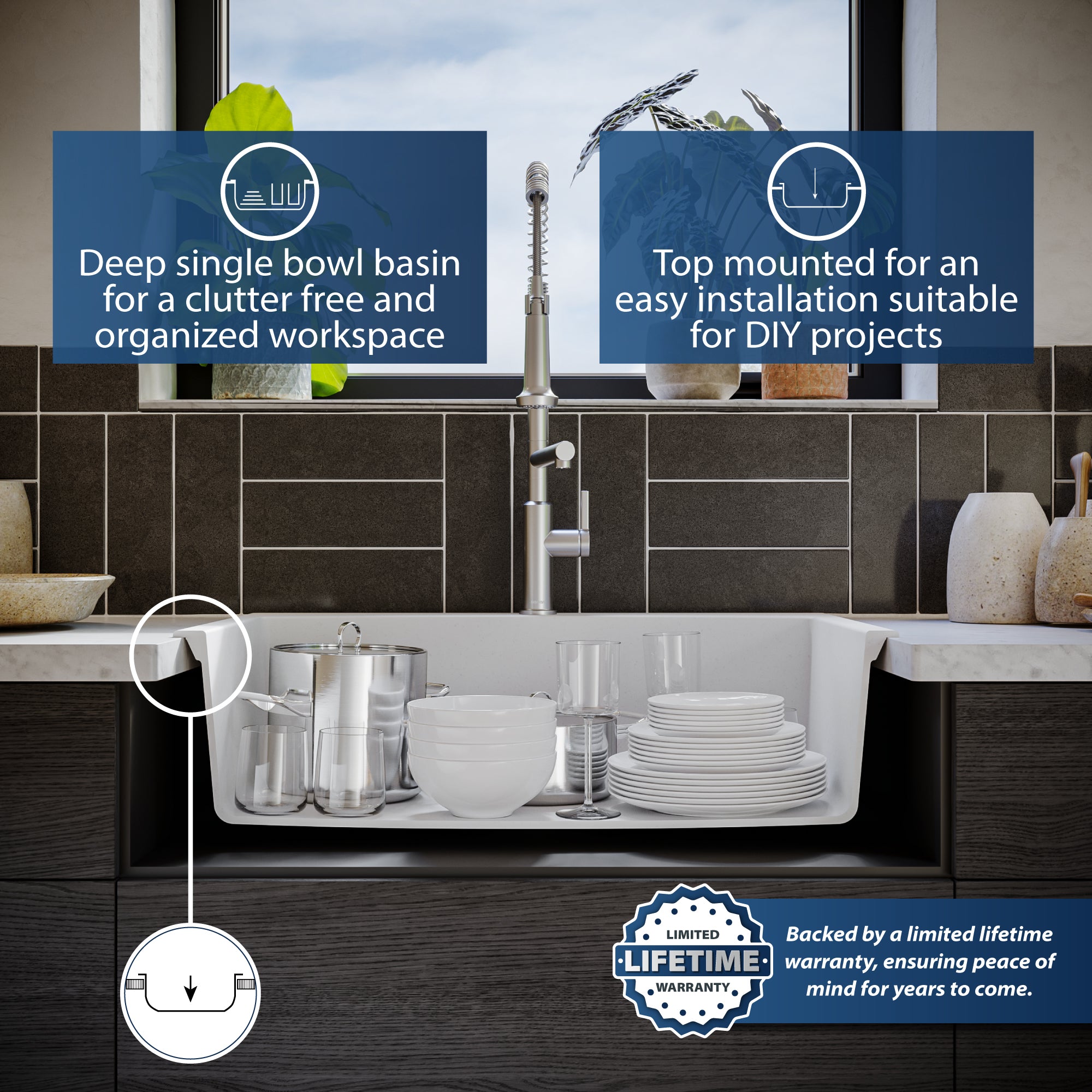 Alternate Image for Karran 33" Drop In/Topmount Quartz Composite Kitchen Sink, White, QT-712-WH