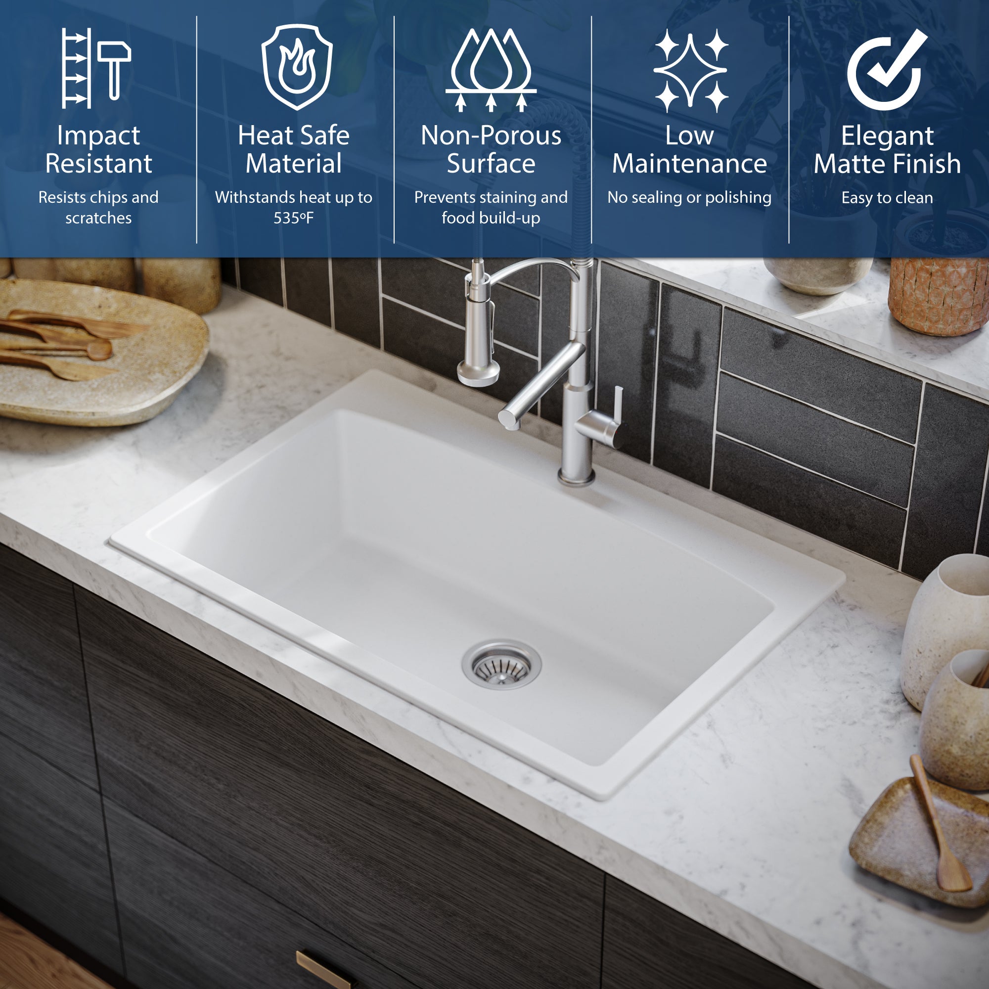 Alternate Image for Karran 33" Drop In/Topmount Quartz Composite Kitchen Sink, White, QT-712-WH