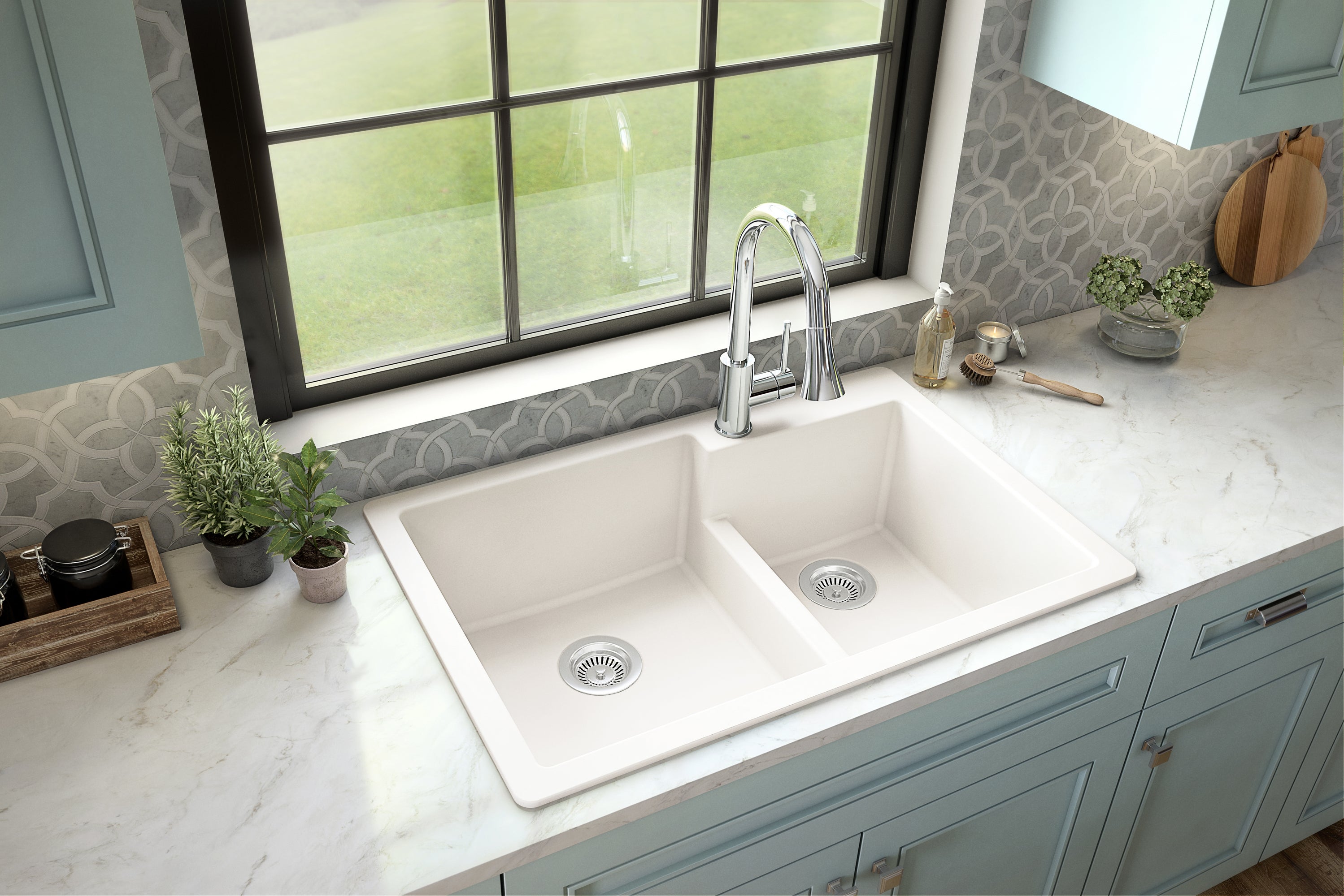 Alternate Image for Karran 33" Drop In/Topmount Quartz Composite Kitchen Sink, 60/40 Double Bowl, White, QT-811-WH