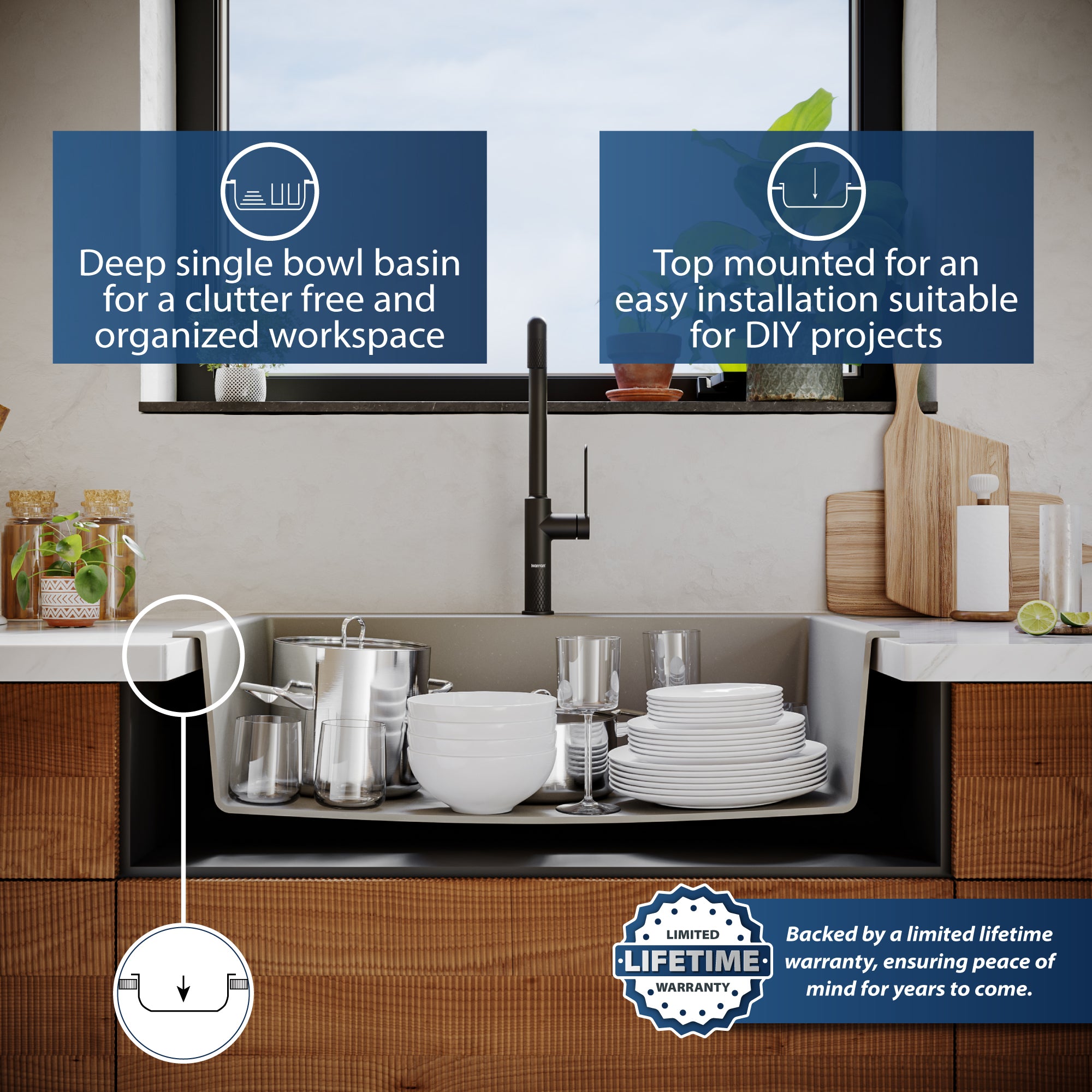 Alternate Image for Karran 33" Drop In/Topmount Quartz Composite Kitchen Sink, Concrete, QT-812-CN