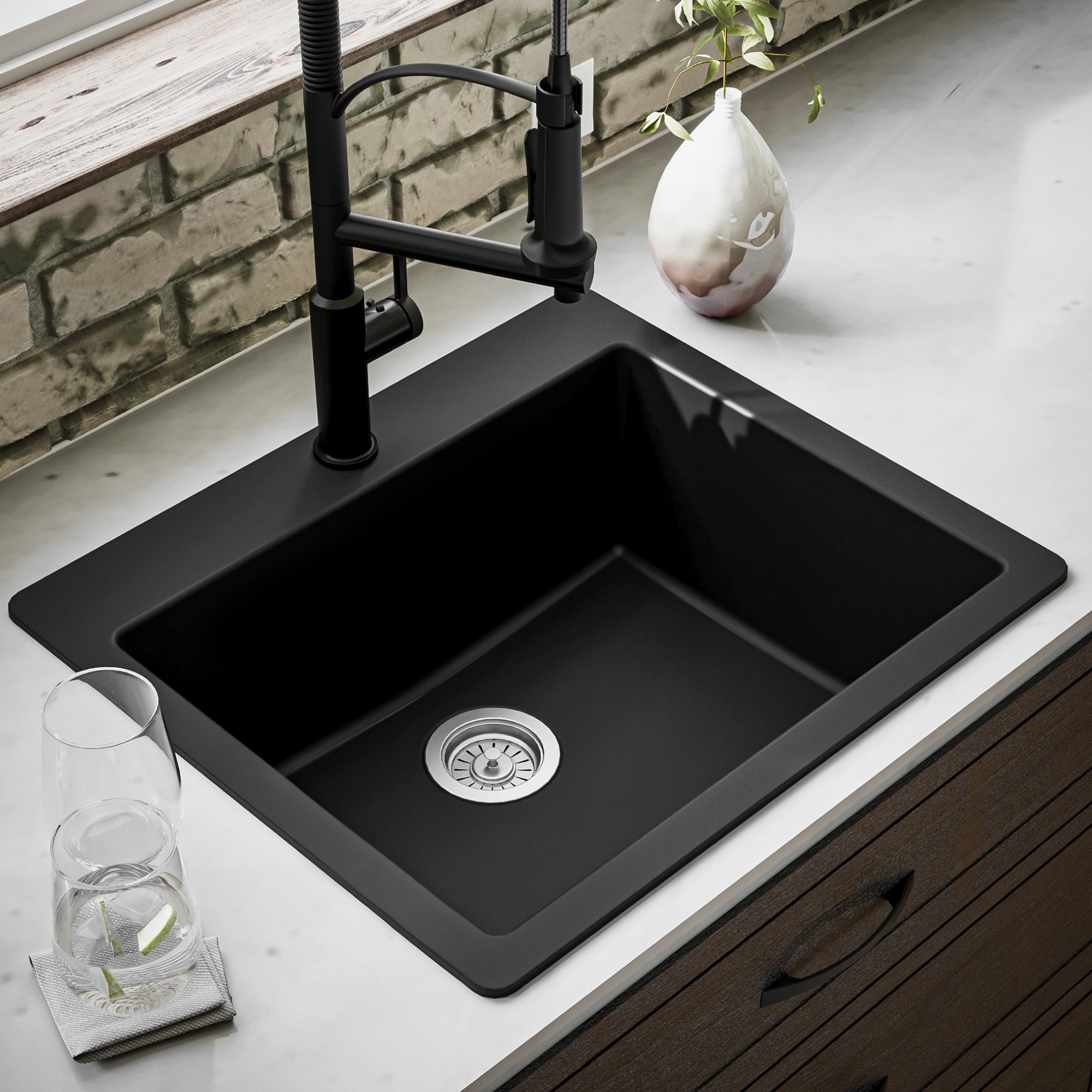 Alternate Image for Karran 25" Drop In/Topmount Quartz Composite Kitchen Sink, Black, QT-820-BL