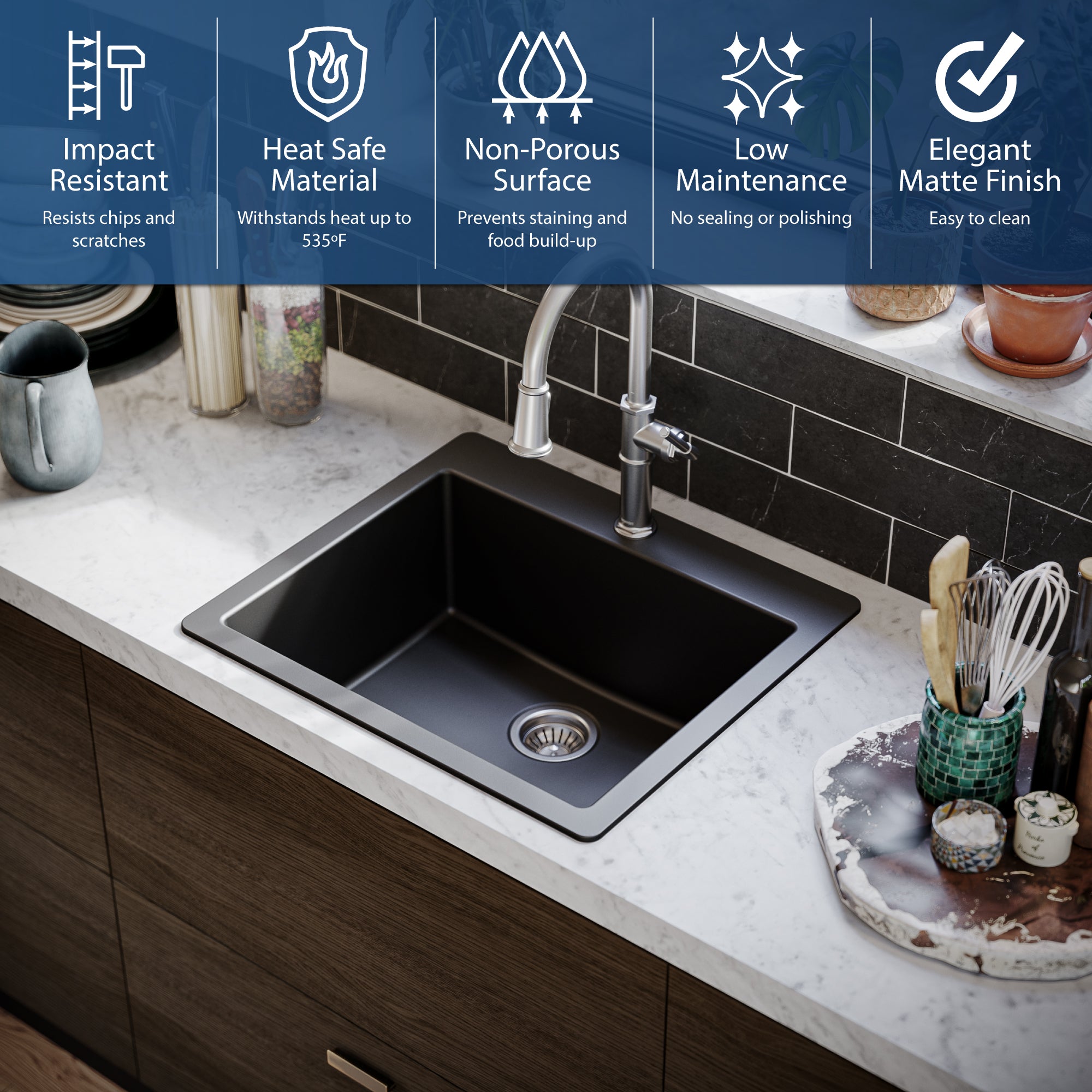 Alternate Image for Karran 25" Drop In/Topmount Quartz Composite Kitchen Sink, Black, QT-820-BL